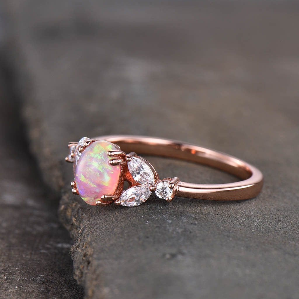Lab-Created Pink Solitaire Opal Marquise Moissanite Engagement Ring in 14K Rose Gold - Perfect for Proposals, Anniversaries & Romantic Occasions