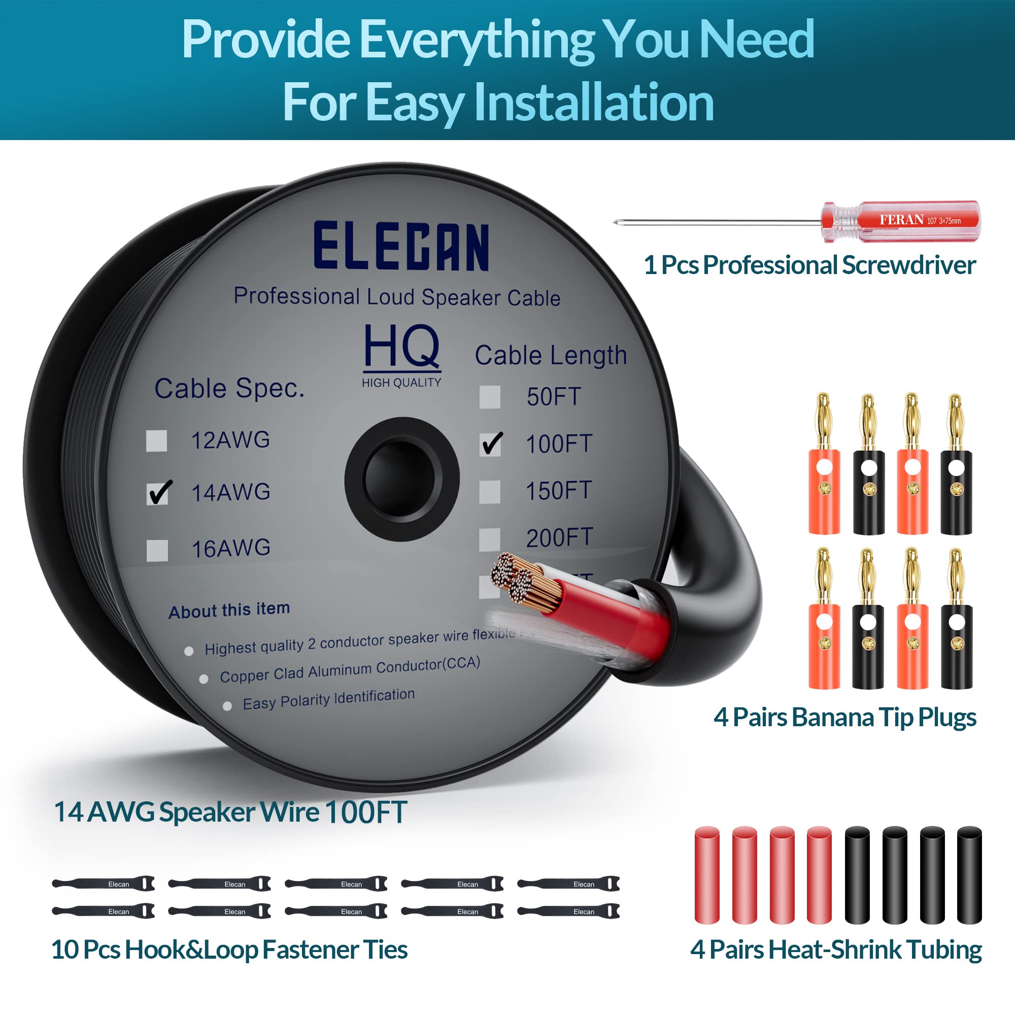 Elecan Pro Series 14/2 AWG Outdoor Speaker Wire Cable - 100 Ft 14 Gauge Direct Burial CL2/CL3 Rated - PVC Jacket & Cotton Braid for Home Theater, Car Audio, Stereo Systems - Black - Perfect for Outdoor Speakers, Garden Audio & Home Entertainment Setup
