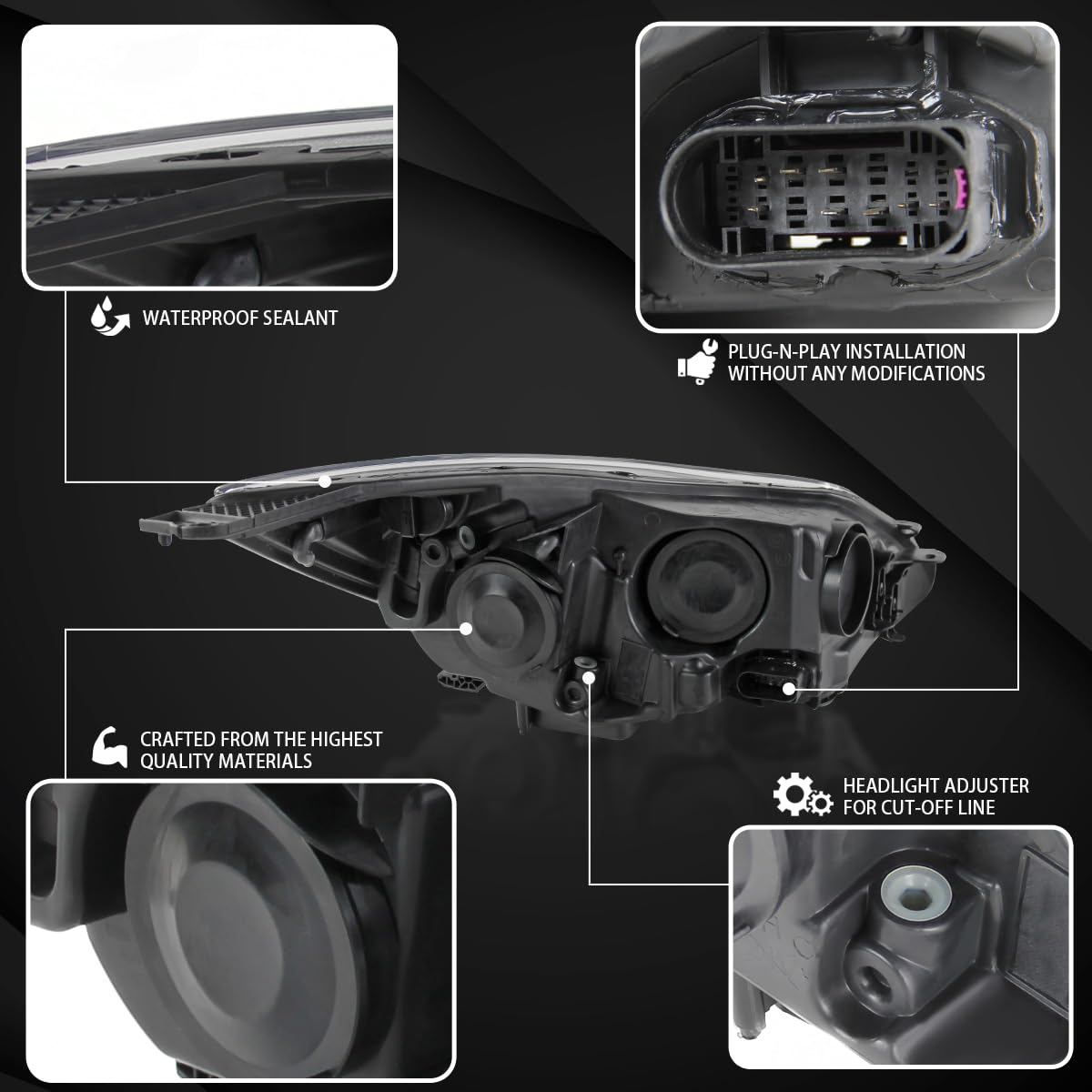 AUTOZENSATION Black Headlights Pair Compatible with 2012-2015 Ford Focus - Left & Right Headlamp Replacement for Improved Night Driving & Enhanced Style