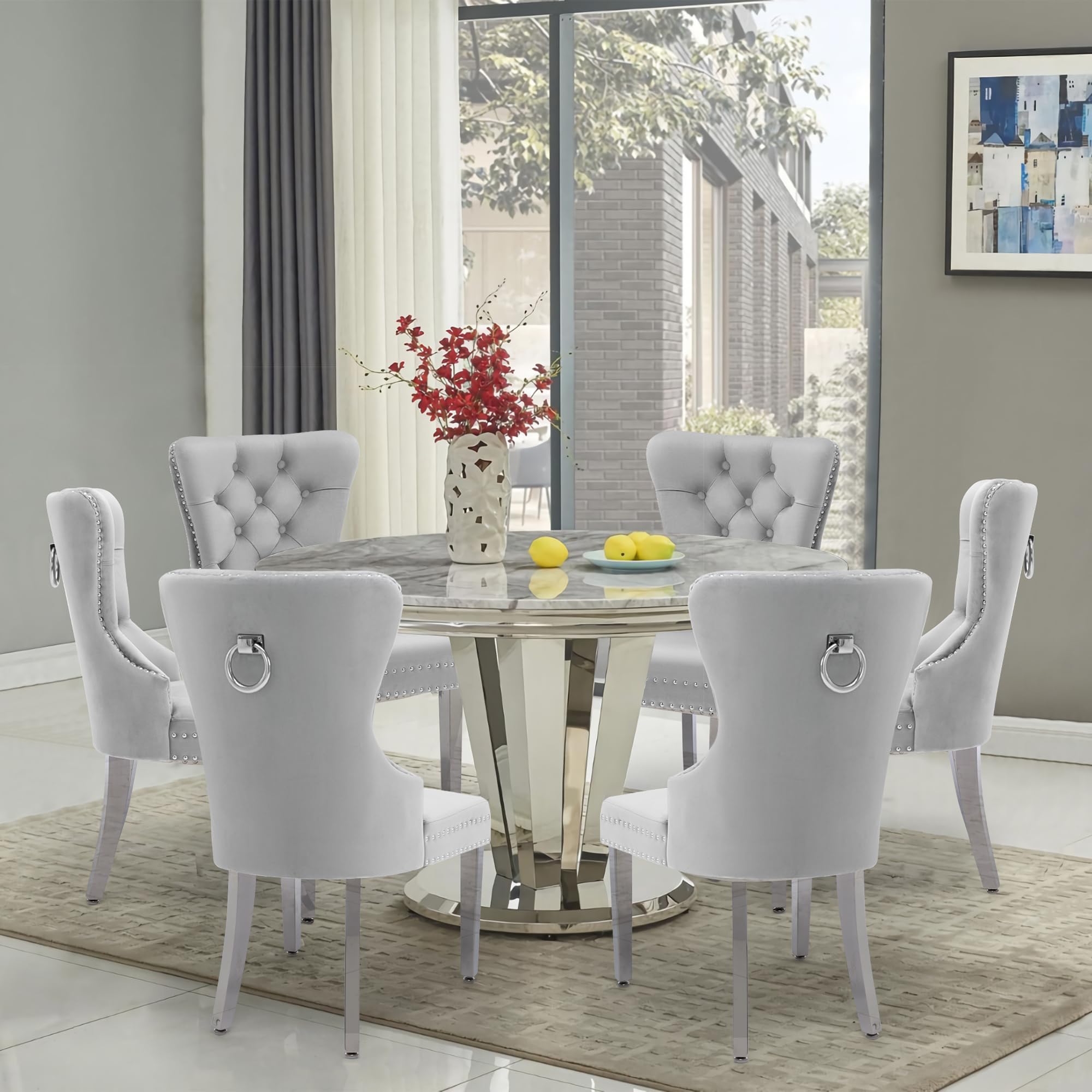 Luxury Velvet Dining Chairs Set of 2 - Tufted Upholstered Modern Dining Room Chairs with Stainless Steel Legs & Ring Pull, Grey - Perfect for Home Dining, Kitchen, Restaurant & Office Decor