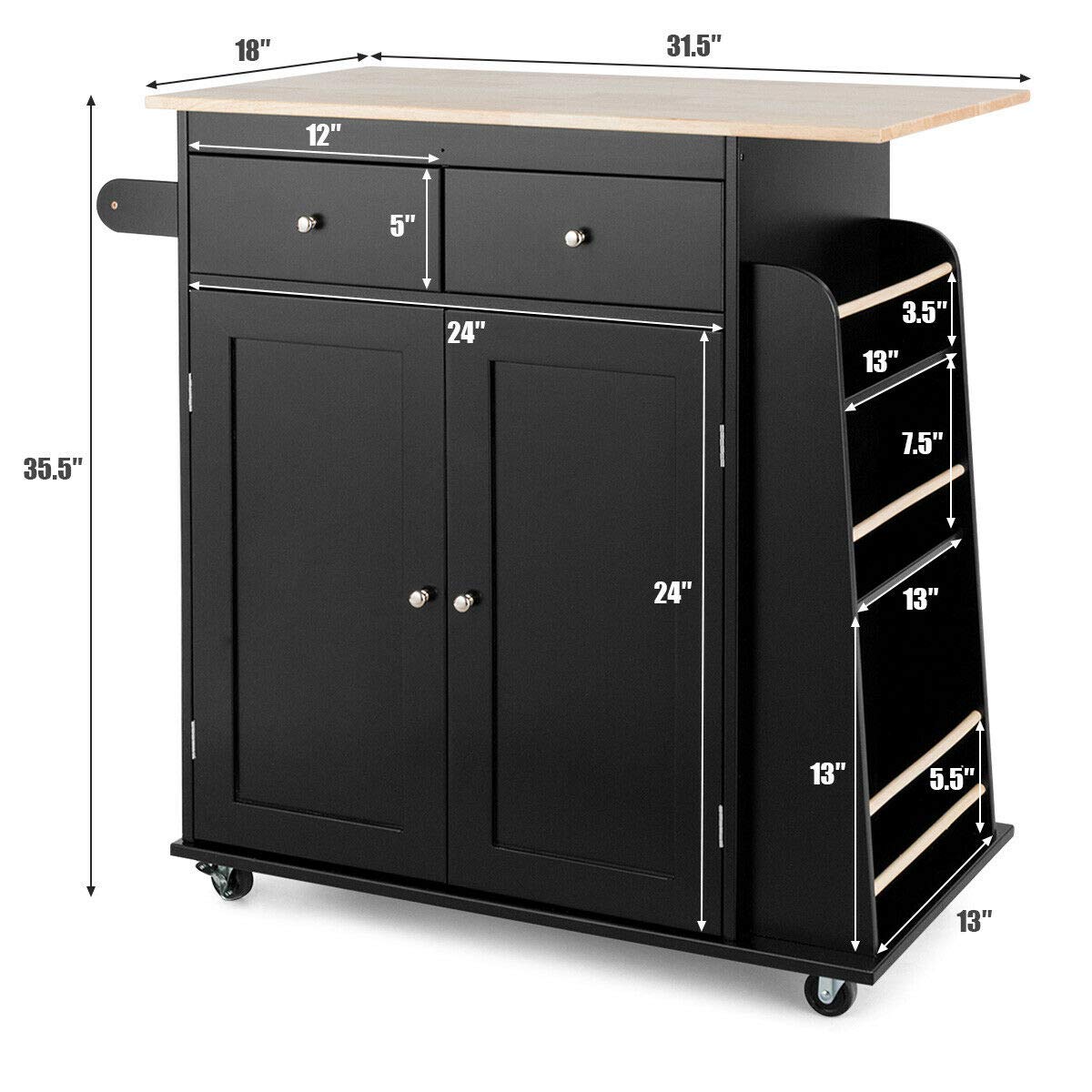 Black Rolling Kitchen Trolley Island with 2 Drawers & 2 Doors - 3-Tier Spice Rack Storage Cabinet, Rubber Wood Countertop - Perfect for Kitchen Organization, Serving Food, and Storing Utensils & Dishware