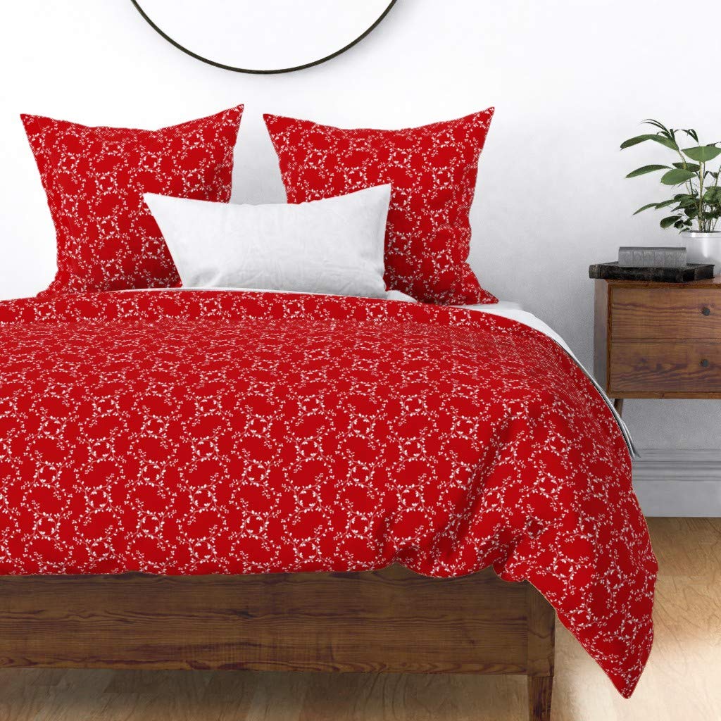 Premium Spoonflower Cotton Sateen Duvet Cover Full/Queen Size - Christmas Abstract Folk Pattern with Elegant Red & White Maypole Design (C2030B) | Traditional Wreath & Cardinal Print Custom Bedding Set for Holiday Home Decor