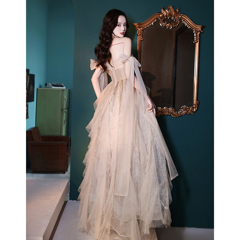 Fairy Champagne Long Party Dress for Women - Sparkly Princess Evening Gown Formal Prom Dress - Perfect for Weddings, Galas & Special Occasions