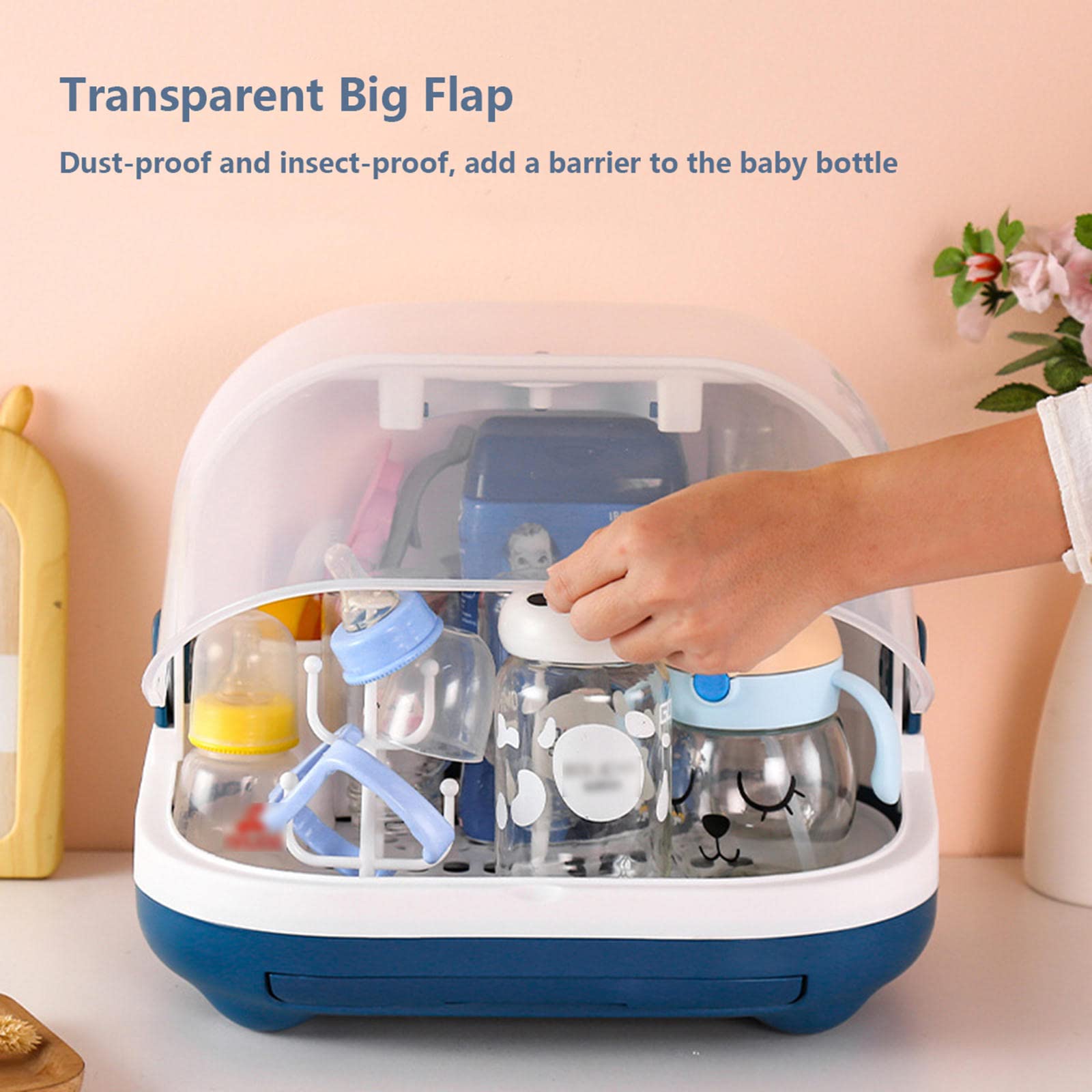RUNLAIKEJI Baby Bottle Drying Rack & Storage Organizer with Cover - Large Anti-Dust Nursing Bottle Holder, Dish Organizer with Drain Board & Carry Handle - Perfect for Nursery, Kitchen Countertop & Travel Use
