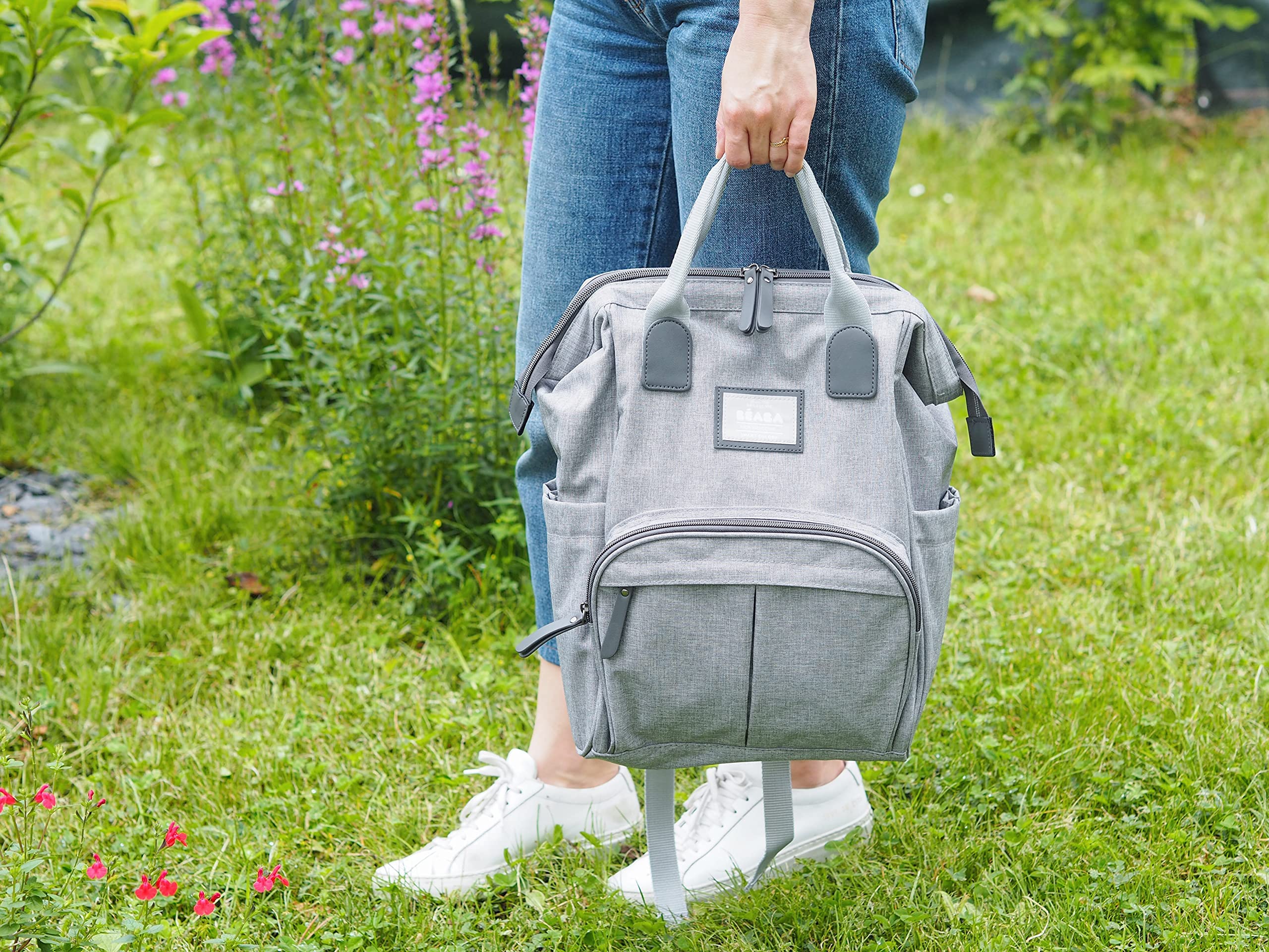 BEABA Wellington Diaper Bag Backpack - Waterproof Baby Diaper Backpack for Moms & Dads with Changing Pad & Stroller Straps, Large Capacity Travel Bag for Boys & Girls, Perfect for Daycare, Travel & Outings (Grey)