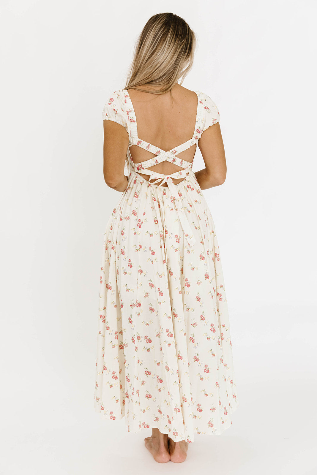 Denise Women's 100% Cotton Smocked Maxi Dress with Floral Print, Ruffled Piecing & Strappy Back - Cream Summer Beach Dress for Vacation, Wedding Guest & Boho Outfits