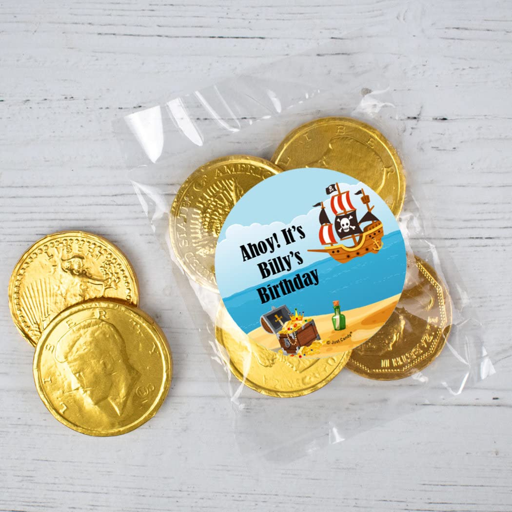 24ct Personalized Pirate Birthday Party Favors Candy Bags with Gold Foiled Chocolate Coins - Perfect for Kids' Pirate Themed Parties, Treasure Hunts & Birthday Goodie Bags