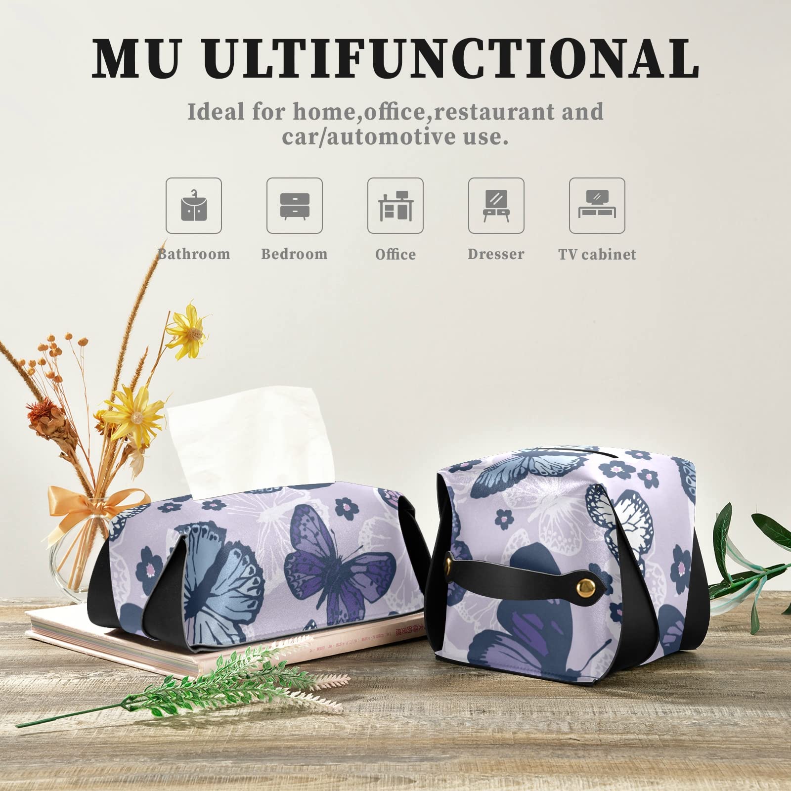 Purple Butterfly Rectangle PU Leather Tissue Box Cover with Removable Handle - Wall Mountable Tissue Holder Dispenser for Car, Bathroom, Bedroom, Nightstand & Desk - Perfect for Home, Office and Travel Use