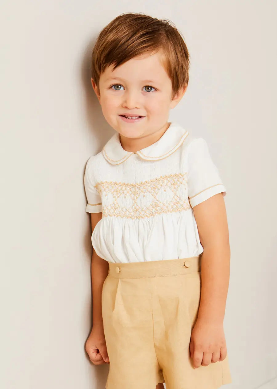 Hand Smocked Peter Pan Collar Short Sleeve Two Piece Set for Girls in Beige (18 Months to 6 Years) - Perfect for Birthday Parties, Photo Shoots & Special Occasions