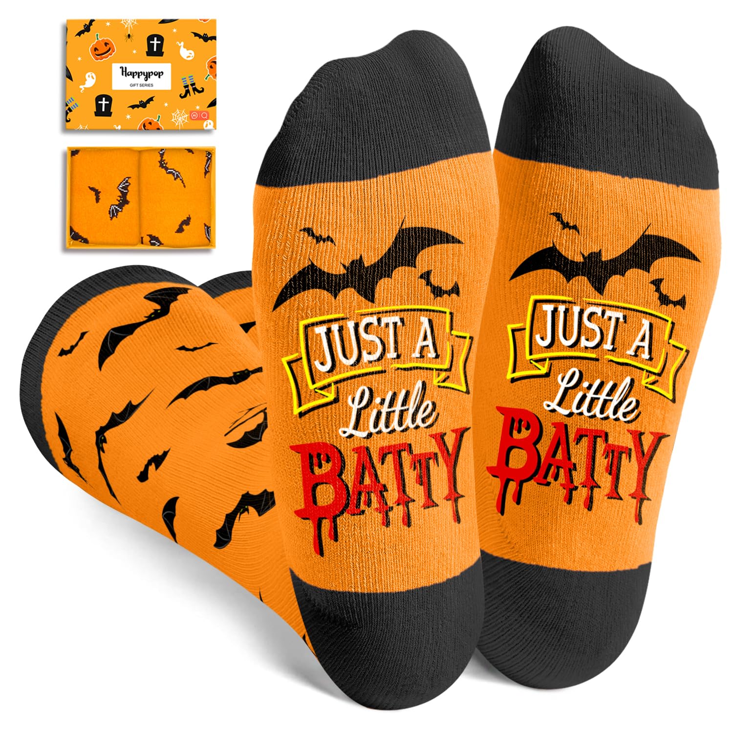 HappyPop Halloween Knee High Socks for Girls & Teens - Orange Bat Print Novelty Socks - Perfect for Costumes, Trick or Treating & Halloween Parties