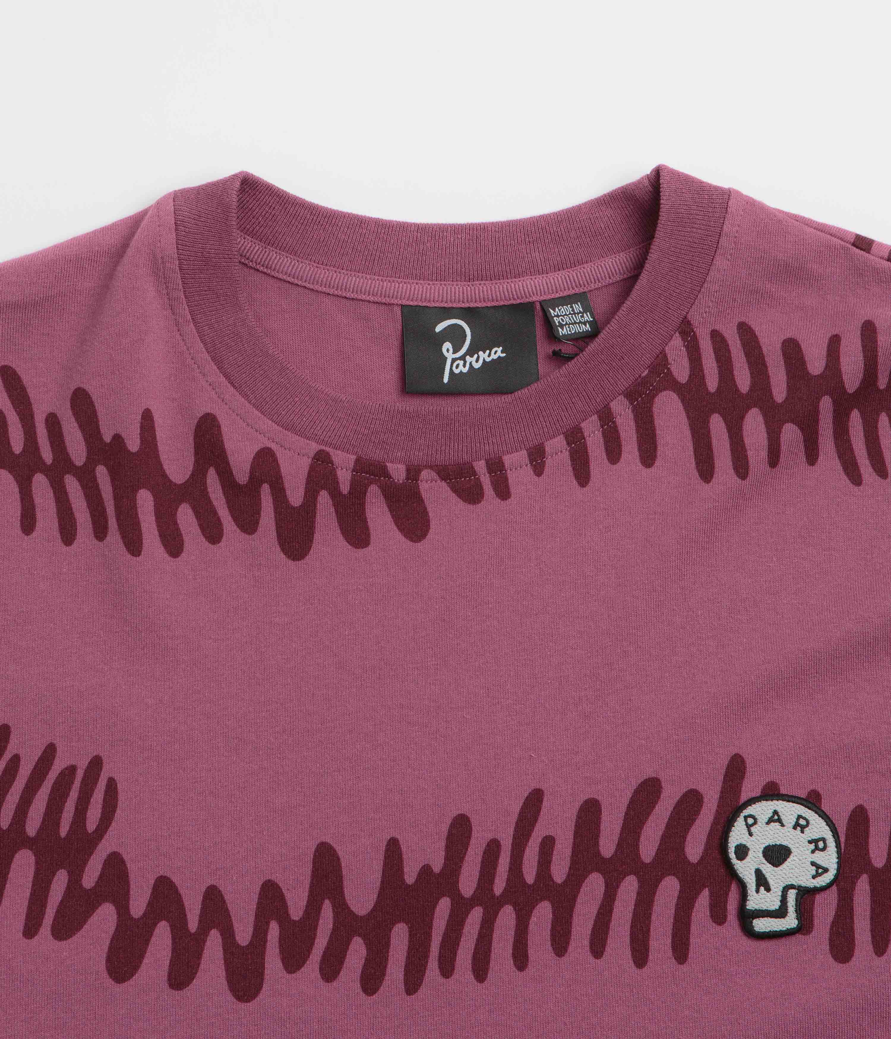 Parra Stitched Skull Graphic Long Sleeve T-Shirt for Men | Washed Magenta Cotton Tee | Streetwear Fashion & Casual Wear