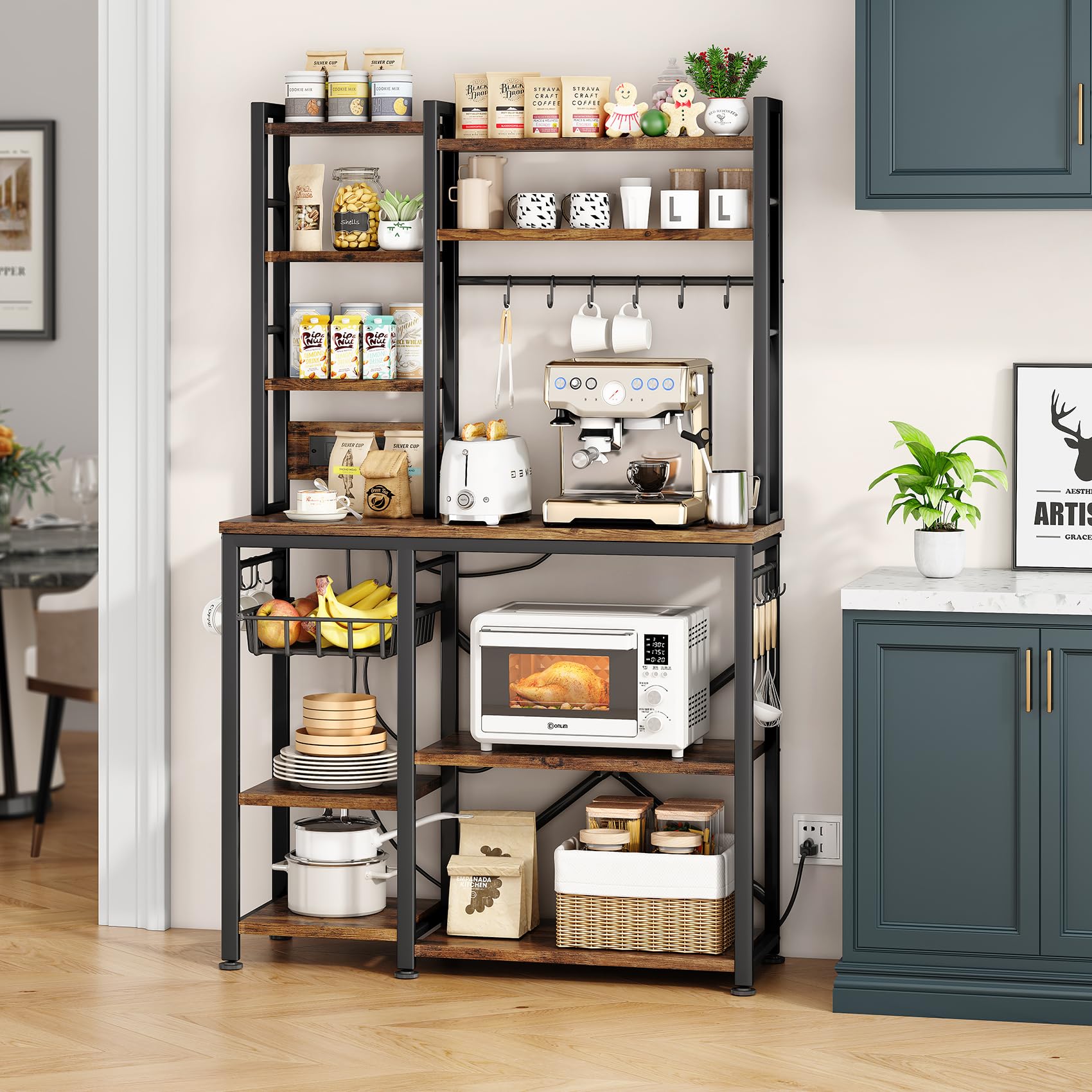 Baker Rack with Power Outlet - Microwave Stand with Storage, Large Coffee Bar Station with 14 Hooks, Metal Kitchen Shelf Organizer for Spices & Pots (Rustic Brown) | Perfect for Small Kitchens, Coffee Bars & Pantry Organization