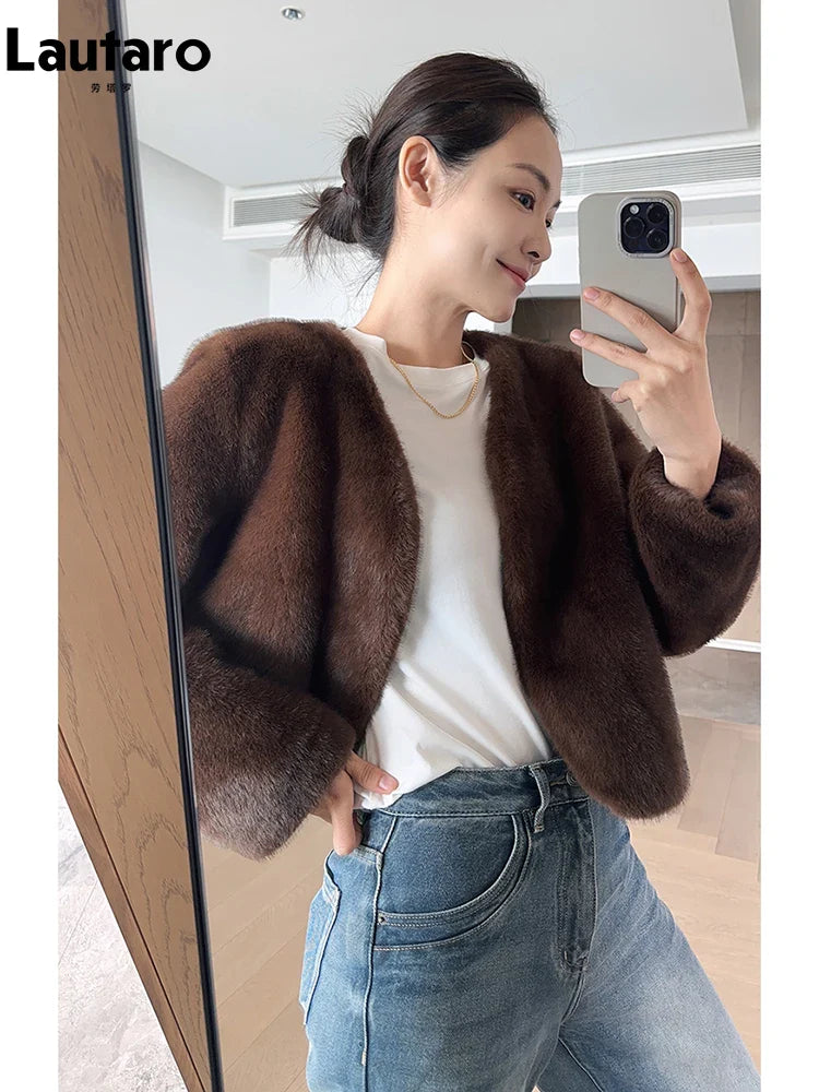 Luxury Soft Thick Warm Brown Faux Mink Fur Coat for Women - Deep V Neck Long Sleeve Fluffy Jacket for Autumn & Winter 2024 | Perfect for Cold Weather, Parties & Fashion Outfits