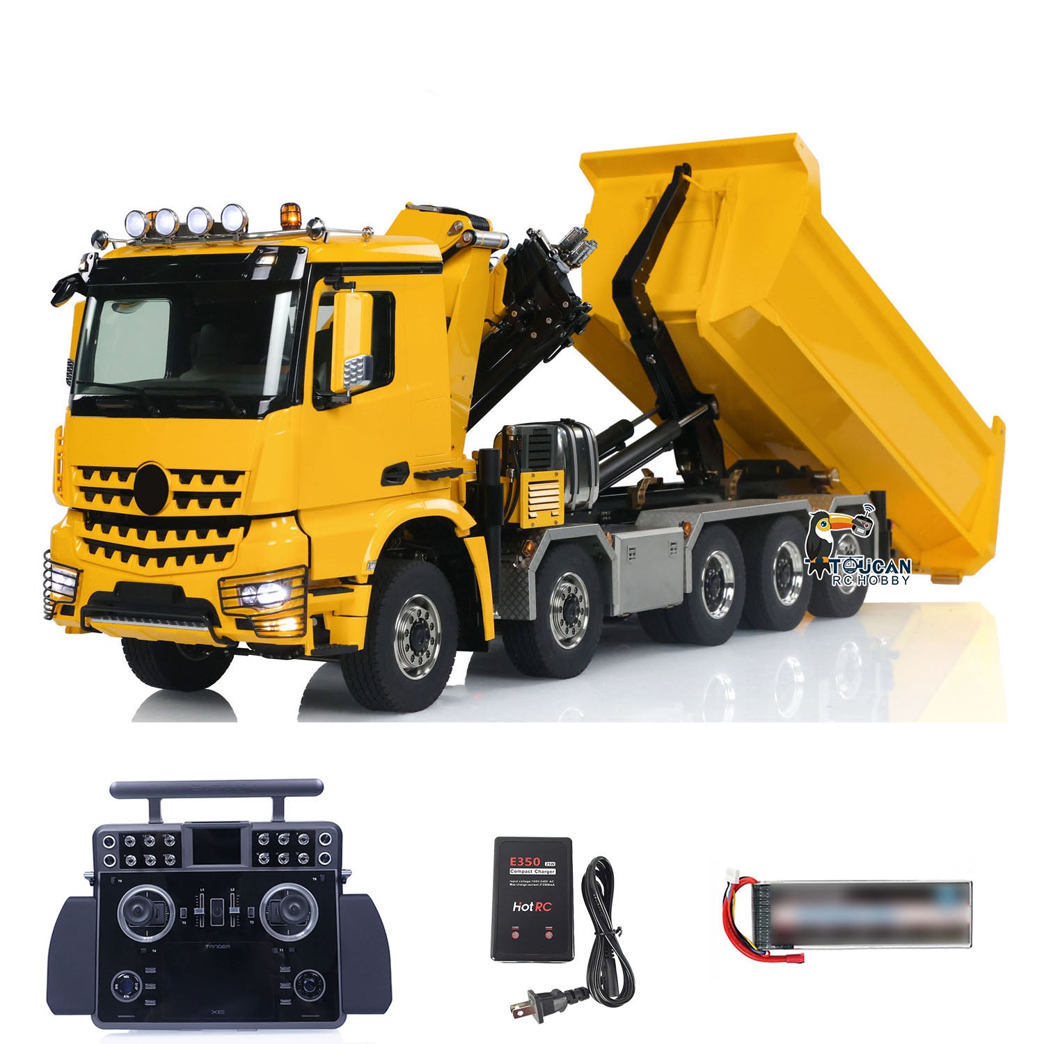 1:14 Scale 10x10 RC Hydraulic Crane Truck - Full Dump Metal Lorry with Rear Axle Steering & U-Shaped High-Standard Bucket & Timber Flatbed - Perfect for Construction Site Simulation, RC Hobbyists, and Collectors
