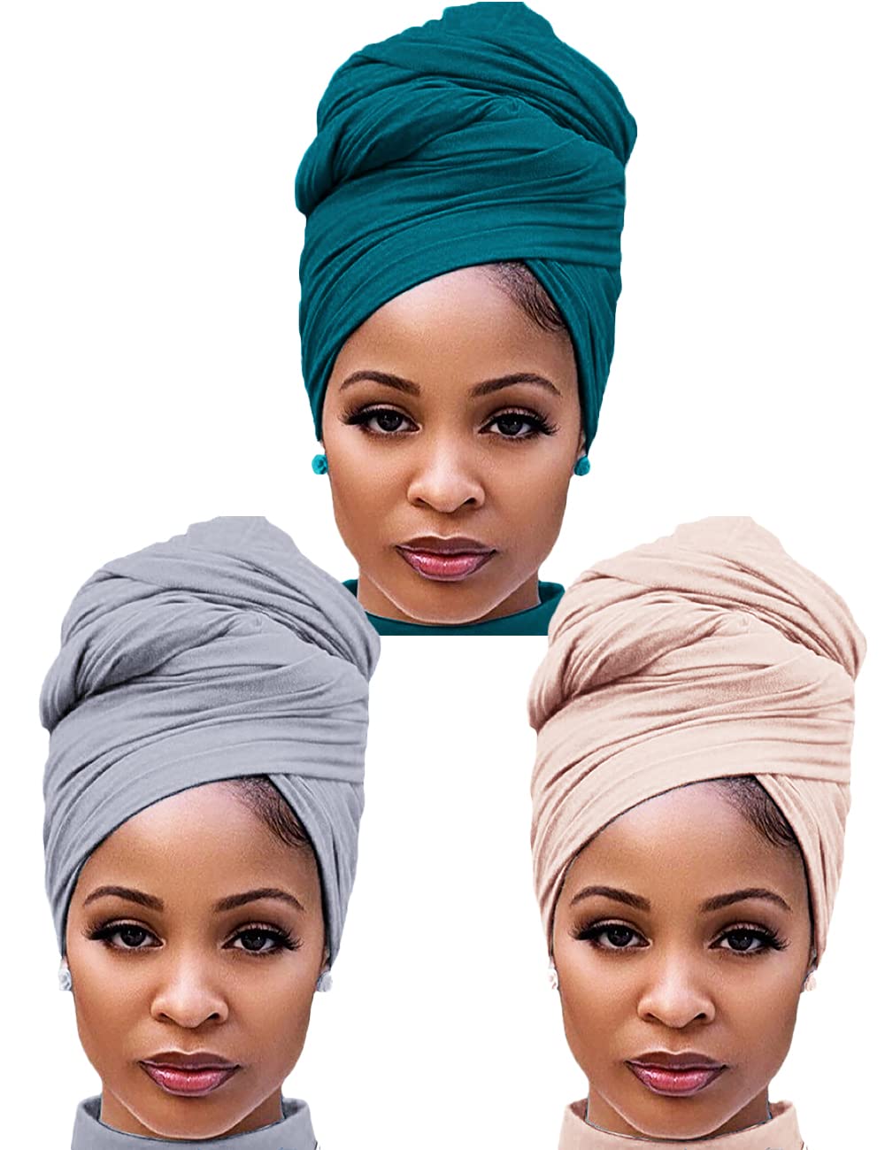 Harewom 3-Pack Stretchy Turban Headwraps for Black Women - African Jersey Head Scarf & Tie Headbands for Natural Hair Protection, Fashion & Everyday Wear