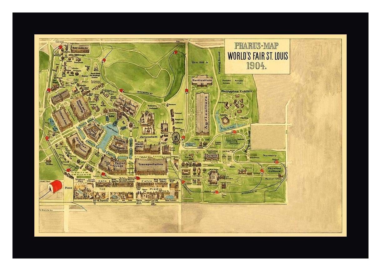 1904 St. Louis World's Fair Pharus Map - 14x20 Inch Framed Canvas Art Print with Black Frame - Ready to Hang Wall Decor for Home, Office & Vintage Map Collectors