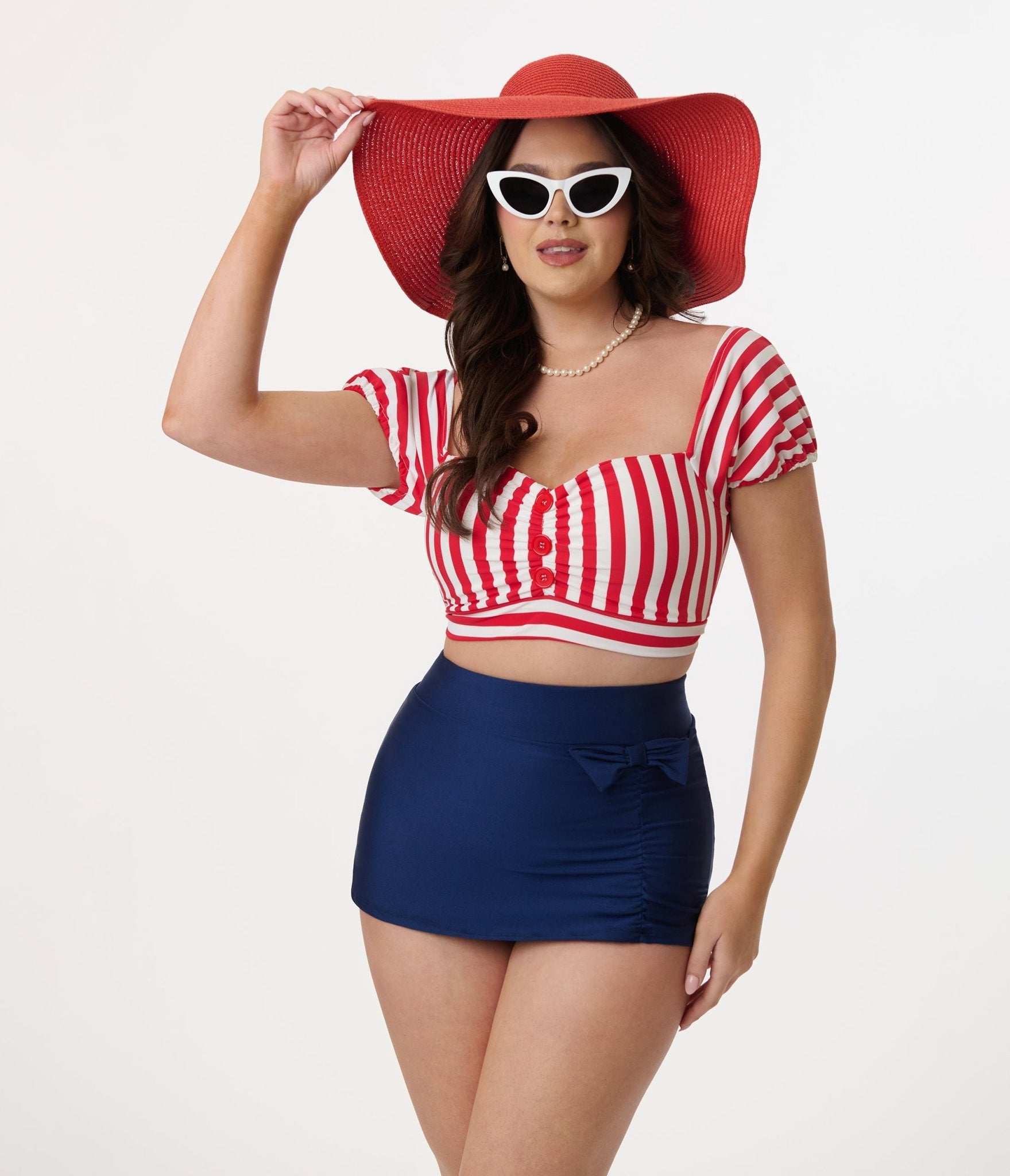 Pinky Pinups Navy Blue High Waist Swim Skirt with Bow - Retro Style Bathing Suit Cover Up for Women, Perfect for Beach, Pool, Vacation and Water Sports