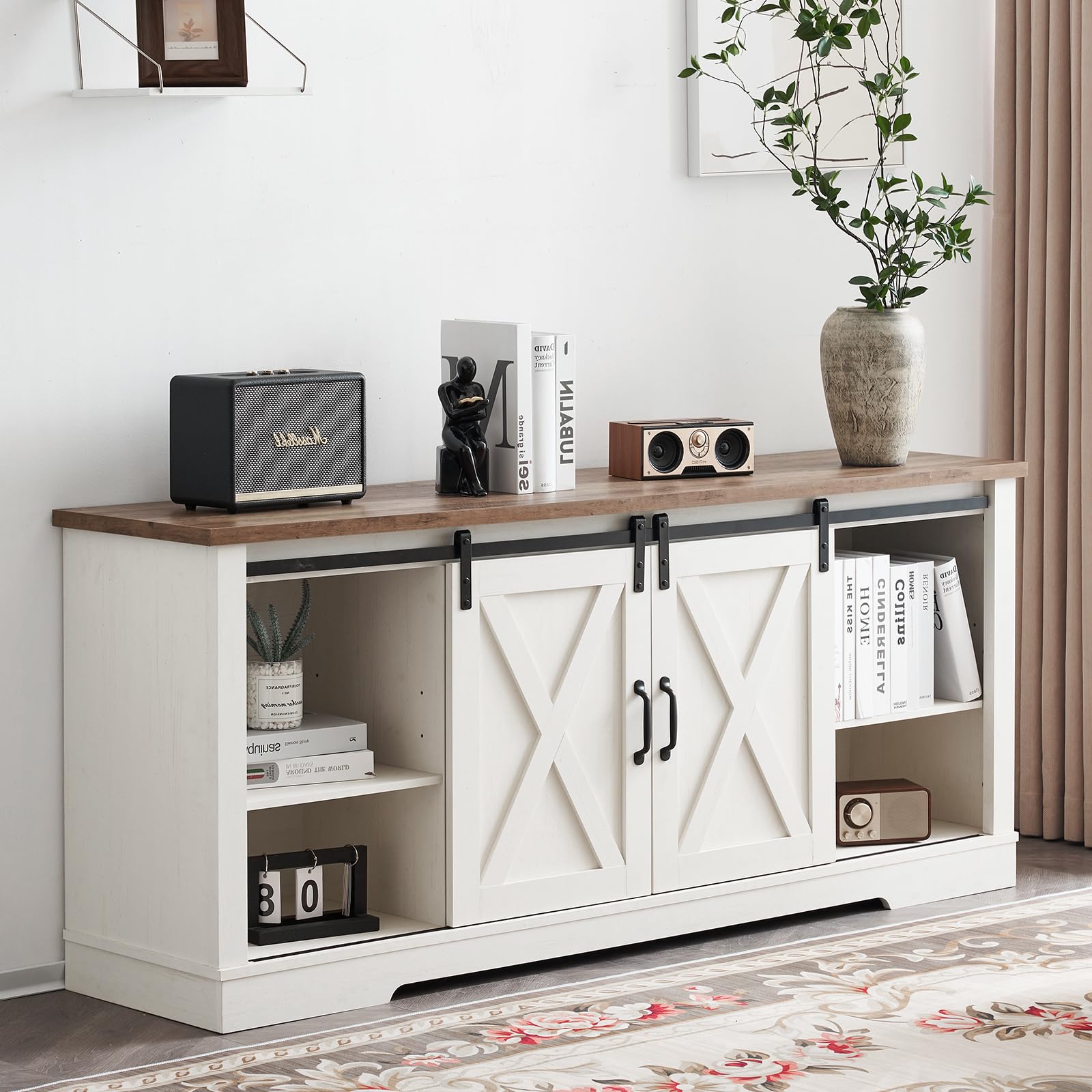 AMERLIFE 66 Inch Farmhouse TV Stand for 75 Inch TVs - Rustic Entertainment Center with Sliding Barn Doors, Adjustable Shelves & Leveling Feet - Distressed White Console Table with Storage - Perfect for Living Room, Home Theater & Rustic Decor