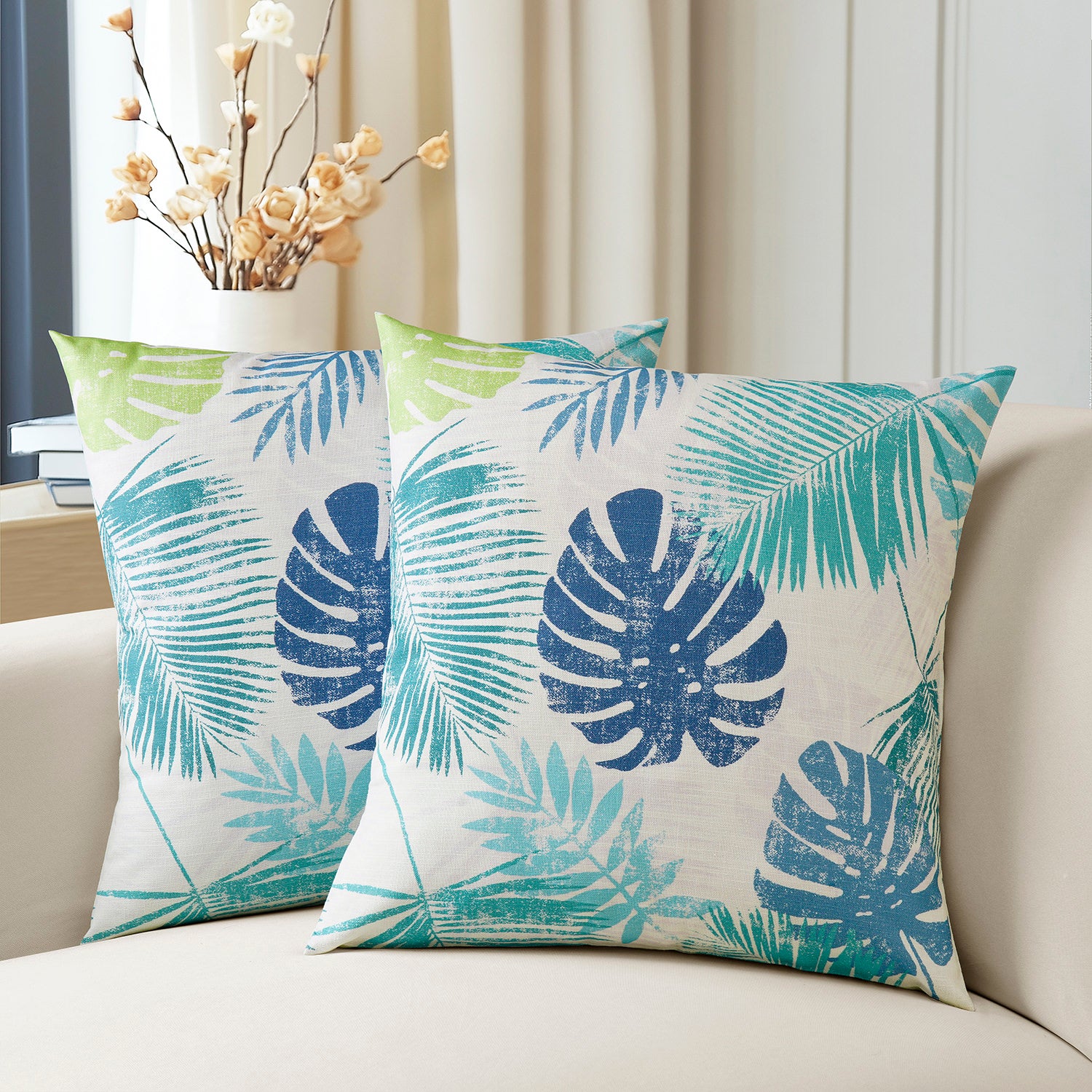 Light Blue Green Floral Printed Cotton Cushion Covers Set of 2 - Soft Textured Rainforest Design for Sofa, Bed & Home Decor