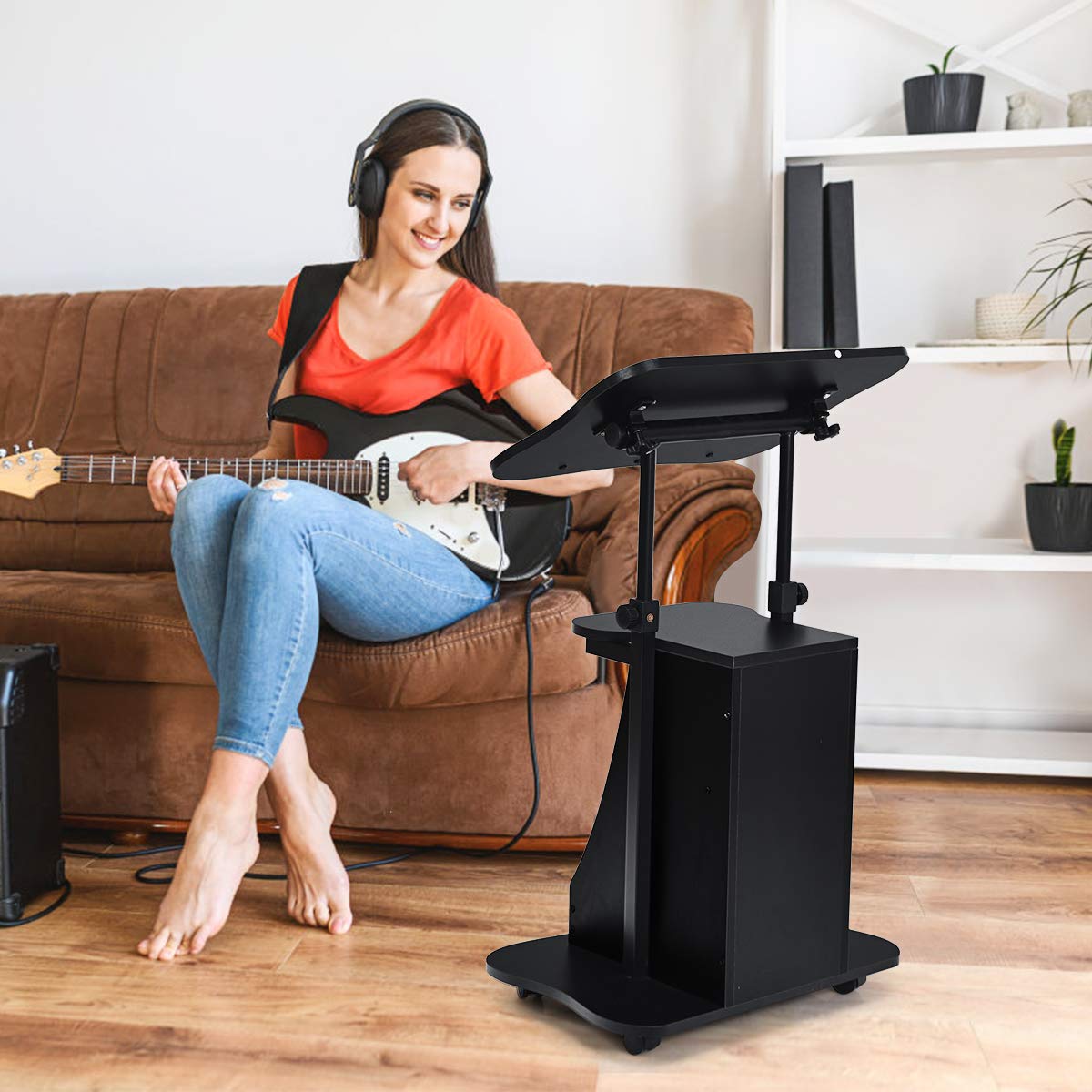 Height Adjustable Mobile Laptop Podium Stand - Rolling Sit to Stand Lectern with Swivel Top & Lockable Wheels, Computer Desk with Shelves for Classroom, Church, Home Office & Conference Room Presentations
