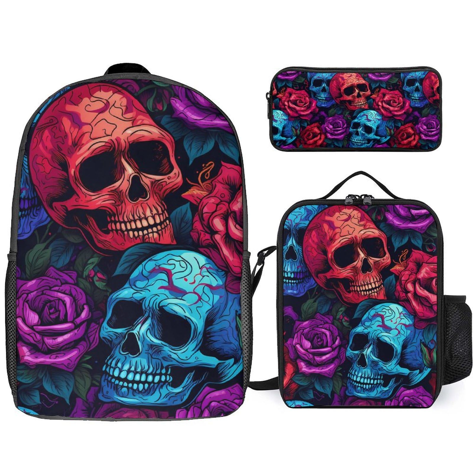 Psychedelic Skulls & Roses 3-Piece Backpack Set - 17 Inch Laptop Backpack, Travel Daypack with Lunch Box & Pencil Case for School, Work & Outdoor Adventures