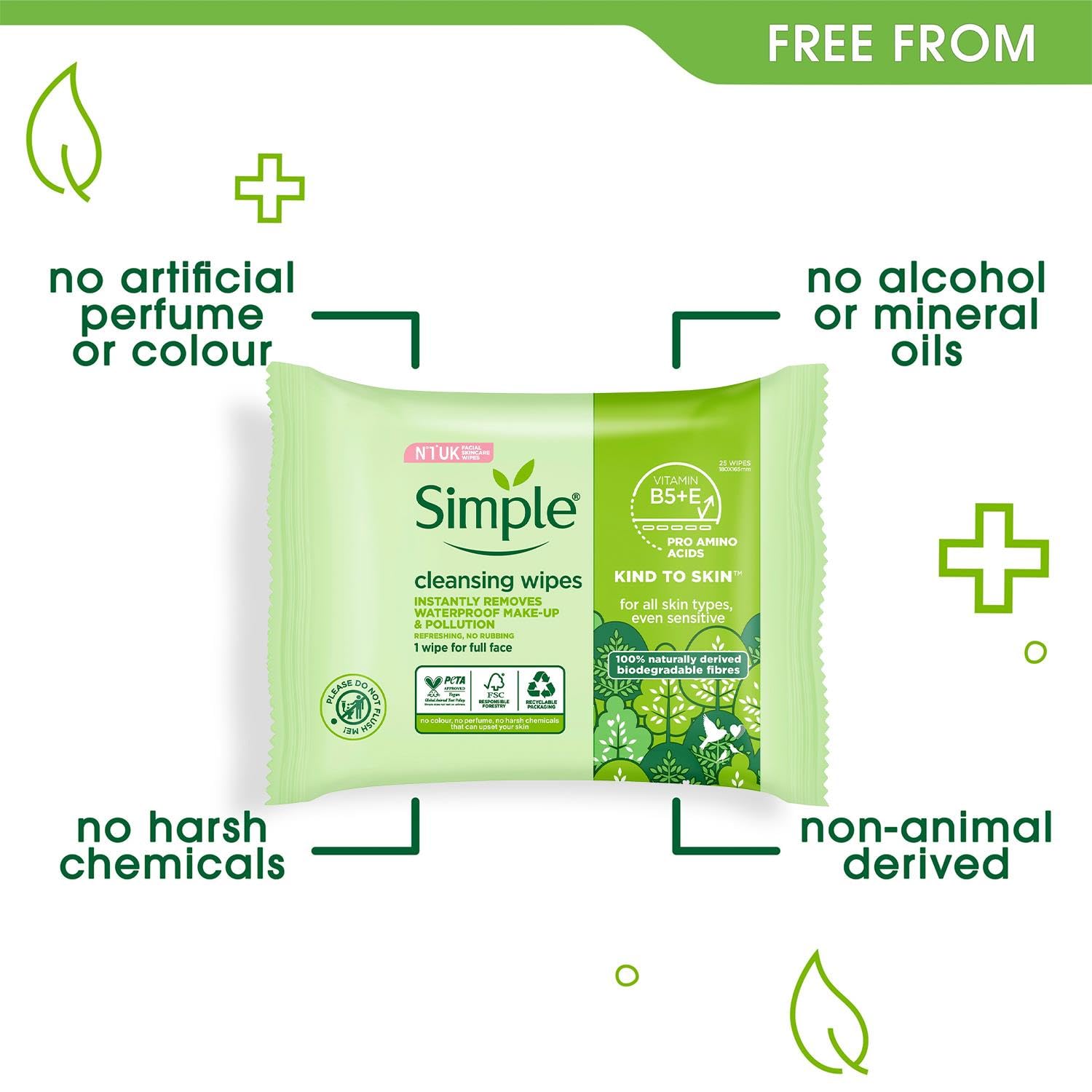 Simple Kind To Skin 25 Cleansing Facial Wipes (3 Pack) - Gentle Makeup Remover & Daily Face Cleansing Wipes for Sensitive Skin | Perfect for Travel, Gym & On-The-Go Skincare