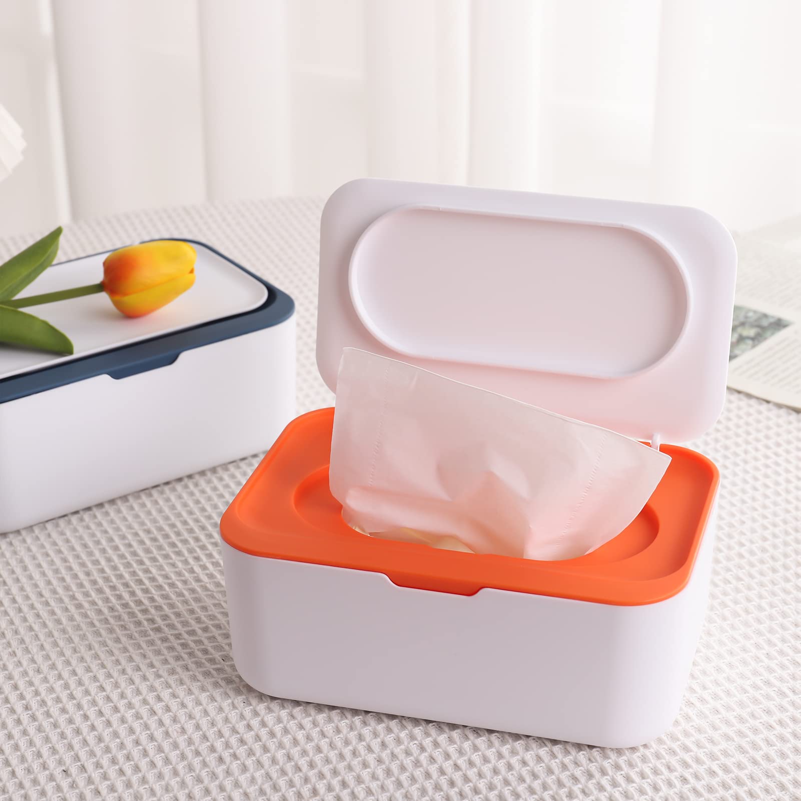 Caromoriber 2-Pack Dustproof Wipes Dispenser - Large Capacity Wet Tissue Box with Secure Lid for Baby Wipes & Tissues | Keeps Wipes Fresh for Home, Office, Nursery & Travel (Blue + Orange)