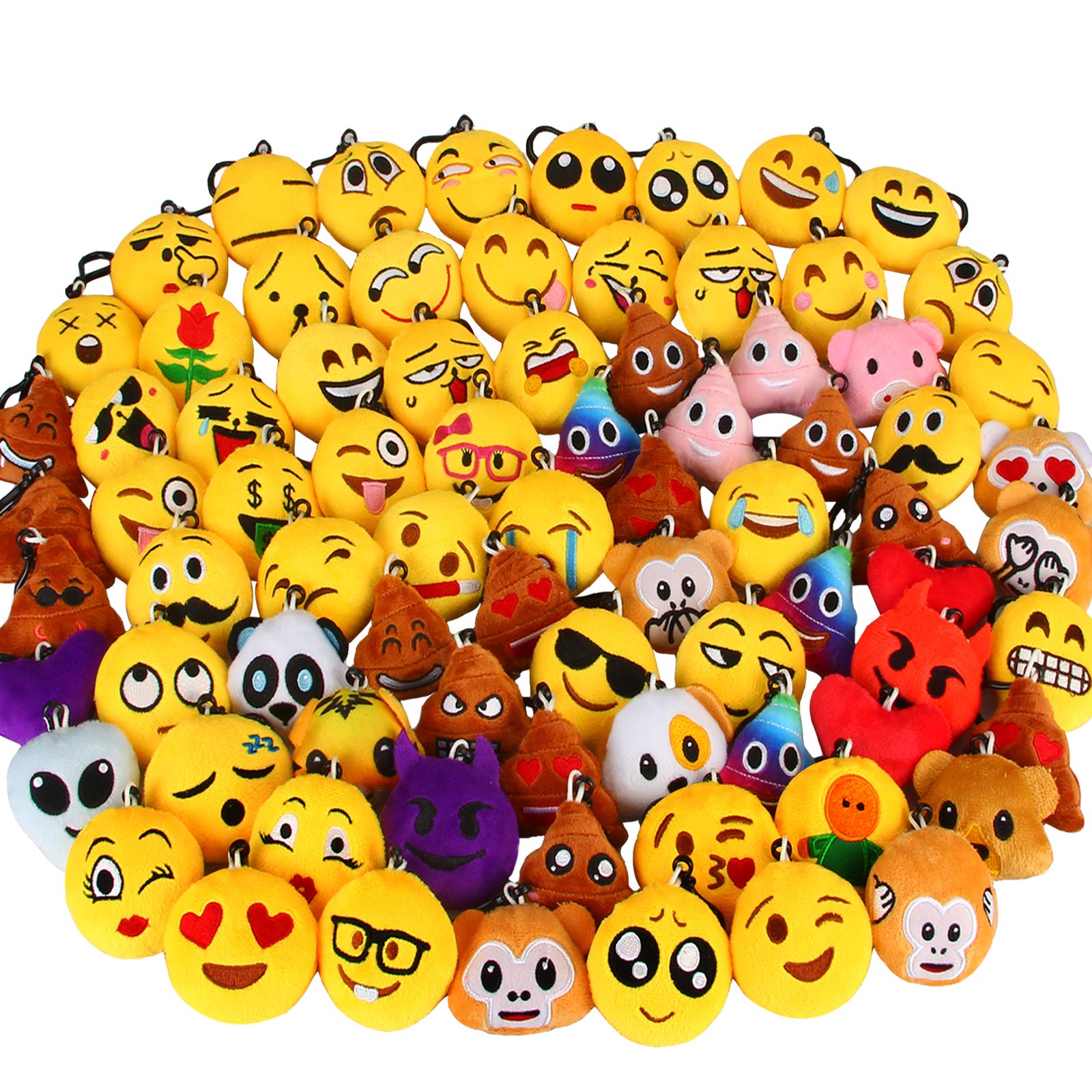 80 Pack Mini Emoticon Keychain Plush Toys - Cute Kawaii Party Favors for Kids, Valentine's Day Gifts, Birthday Party Supplies, Carnival Prizes (2 Inch, Set of 80) - Perfect for Classroom Rewards, Goodie Bags, and Party Decorations