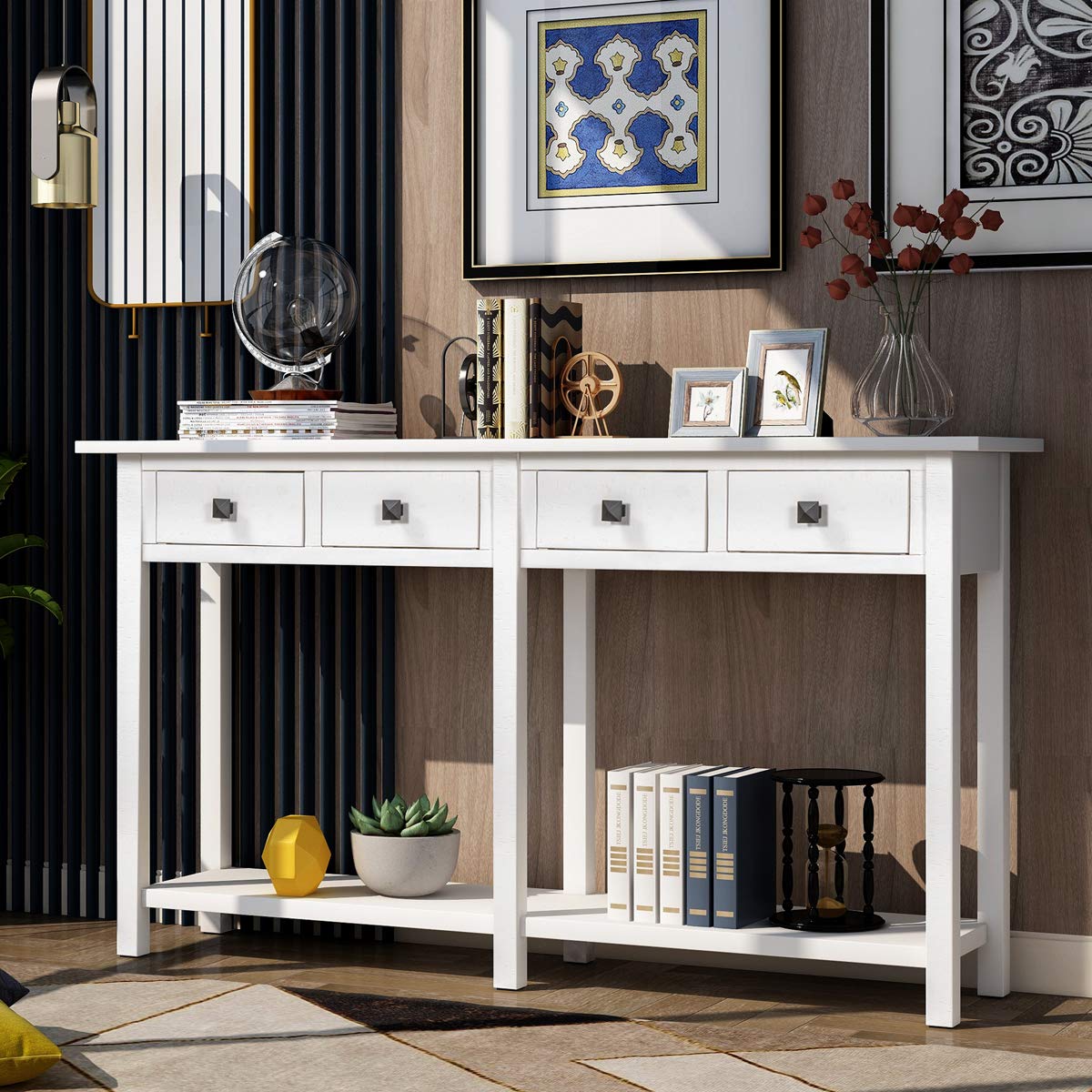 Rustic Console Table with Drawers & Bottom Shelf - Brushed Texture Entryway Table for Living Room, Hallway or Foyer - Ivory White Farmhouse Style Sofa Table - Perfect for Home Decor, Storage & Display