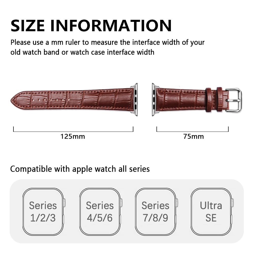 Premium Alligator Leather Apple Watch Band - Compatible with 49mm 46mm 45mm 44mm 42mm 41mm 40mm 38mm iWatch Series 10/9/8/7/6/5/4/3 Ultra 2 SE - Stylish Unisex Replacement Strap for Workout, Office & Everyday Wear