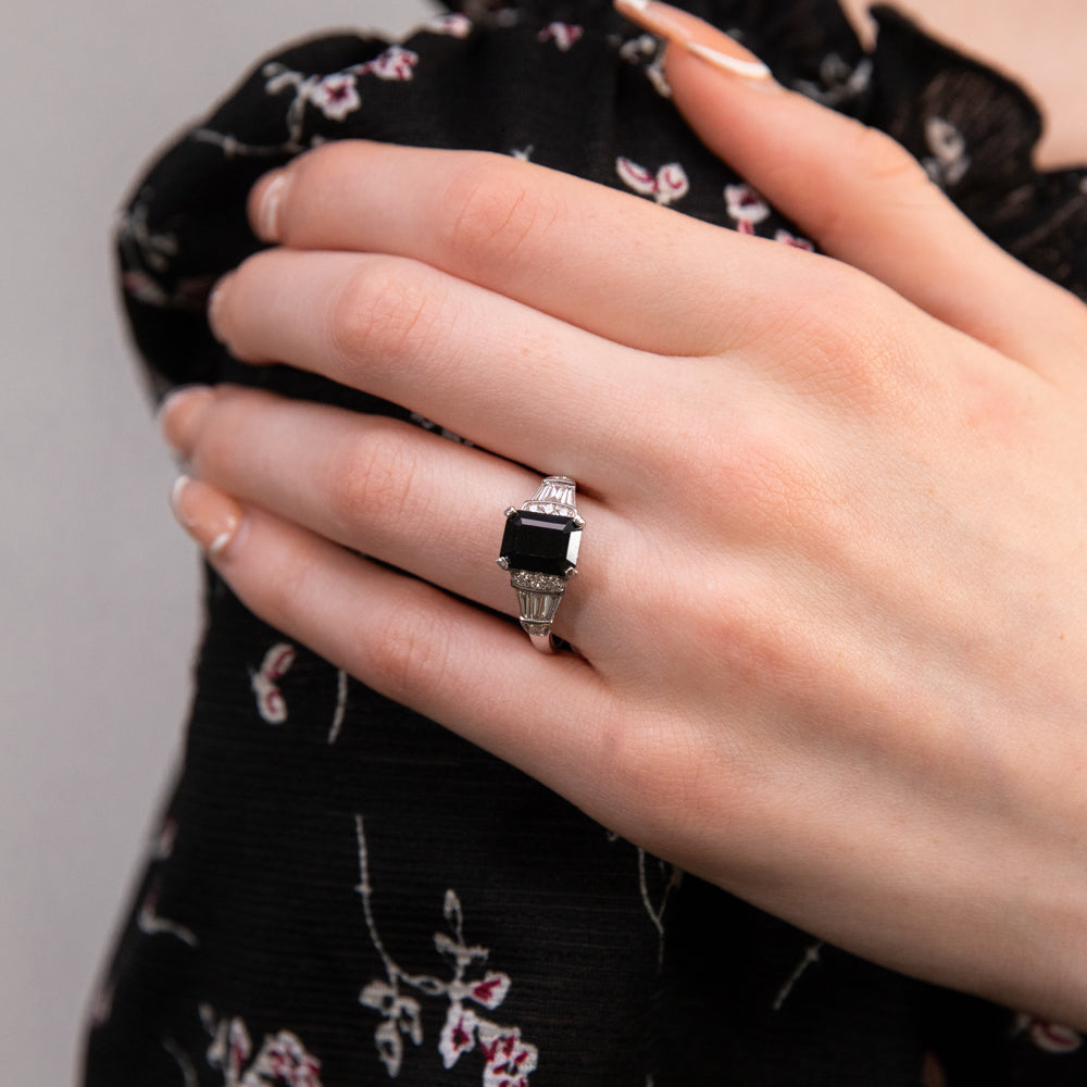 18K White Gold Natural Black Sapphire 3.00ct Emerald Cut Ring with 0.50ct Diamond Accents - Perfect for Engagement, Anniversary & Special Occasion Jewelry Gifts