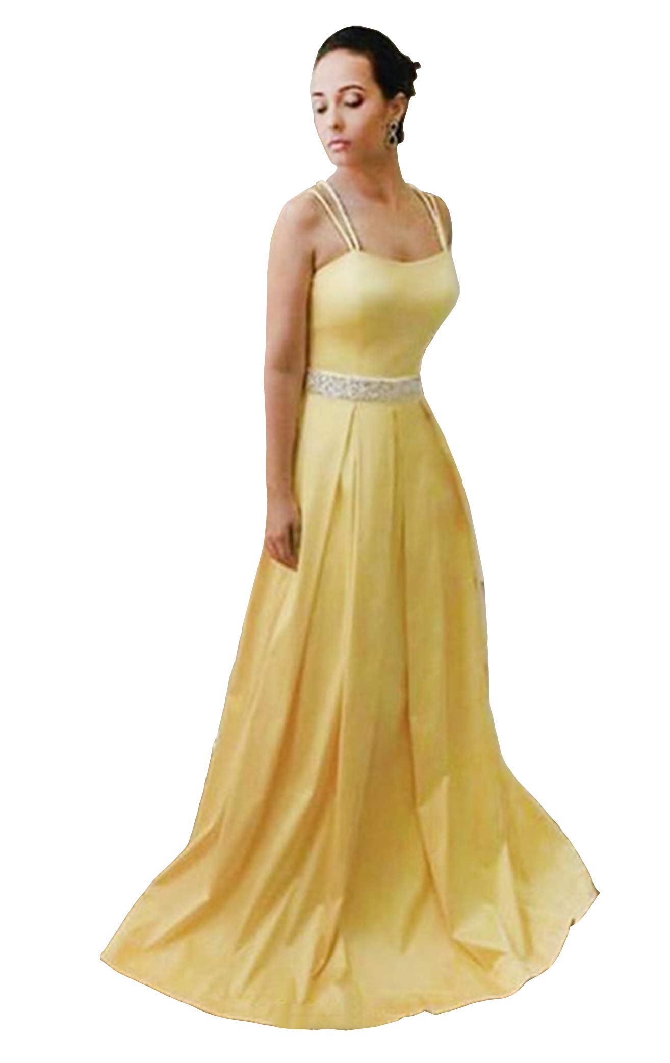 Honeydress Women's Spaghetti Strap Beaded Sash Prom Dress - Long Sweep Satin Bridesmaid Gown for Formal Events, Weddings & Evening Parties
