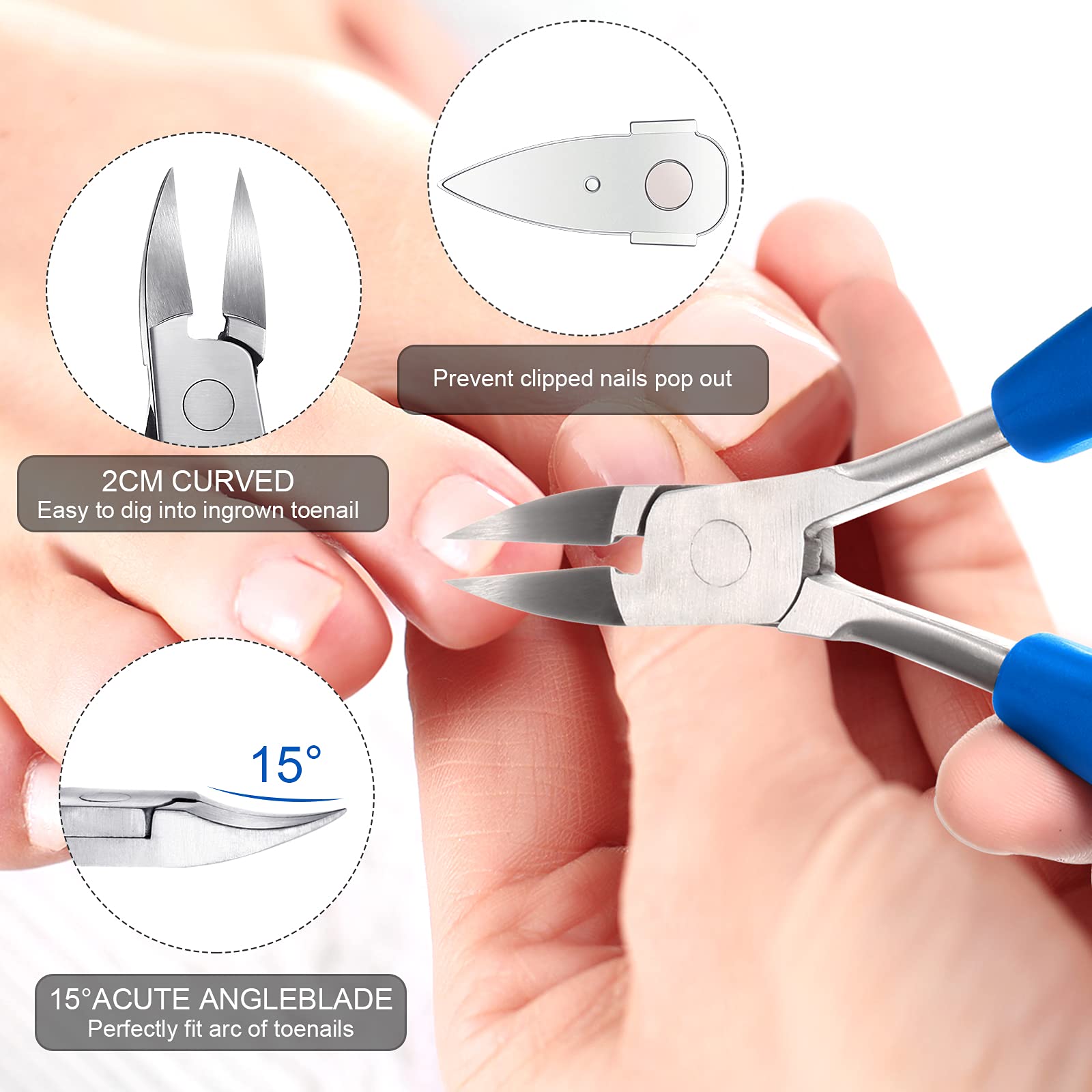 15-Piece Stainless Steel Ingrown Toenail Care Kit - Professional Nail Clippers, Cuticle Trimmers, Toenail Files & Pedicure Tools for Ingrown & Thick Nails - Perfect for Home Manicure & Foot Care (Blue)
