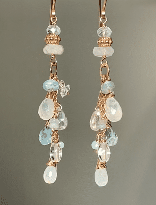 Rose Gold Rainbow Moonstone & Blue Gem Dangle Earrings for Women | Elegant Boho Jewelry Gift for Birthday, Wedding & Party