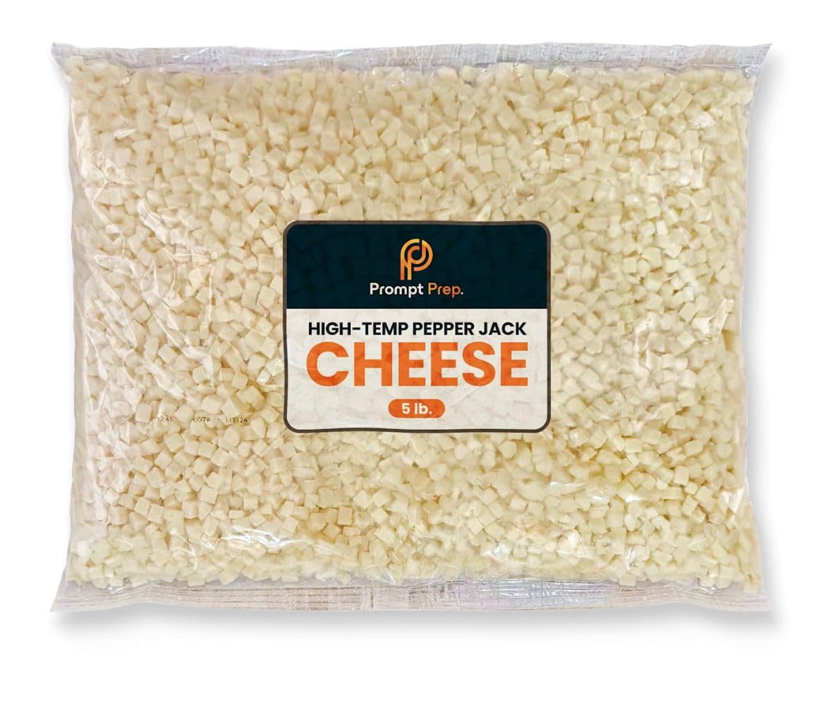 Prompt Prep High Temperature Diced Pepper Jack Cheese - 5 lb Bag, 1/4 Inch Cubes for Grilling, Salami & Snack Sticks | Perfect for BBQ, Charcuterie Boards & Party Snacks