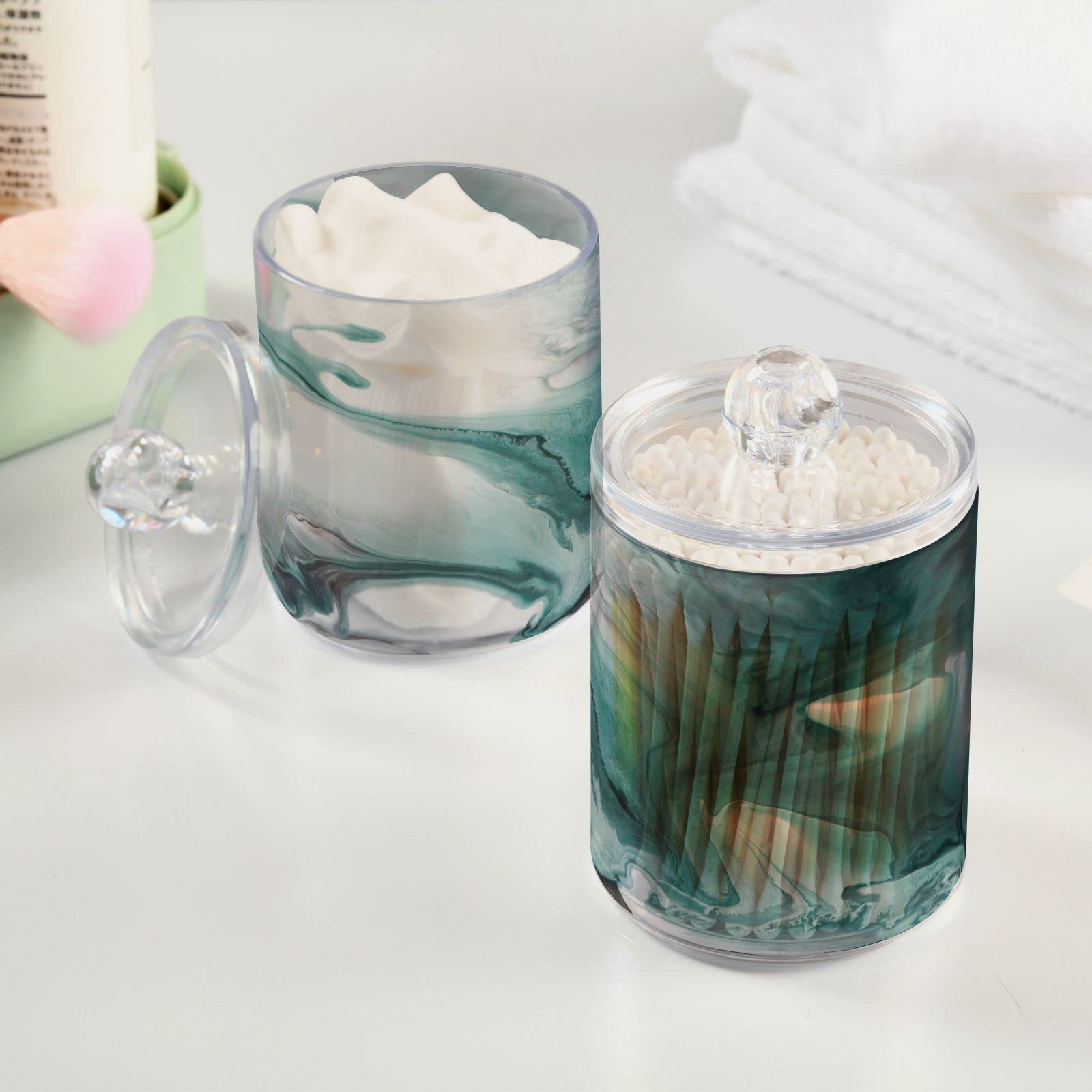 4 Pack Turquoise Marble Q-Tip Holder Organizer - Bathroom Vanity Storage Canister & Dispenser for Cotton Swabs, Pads, Floss - Perfect for Countertop, Medicine Cabinet, and Spa Decor
