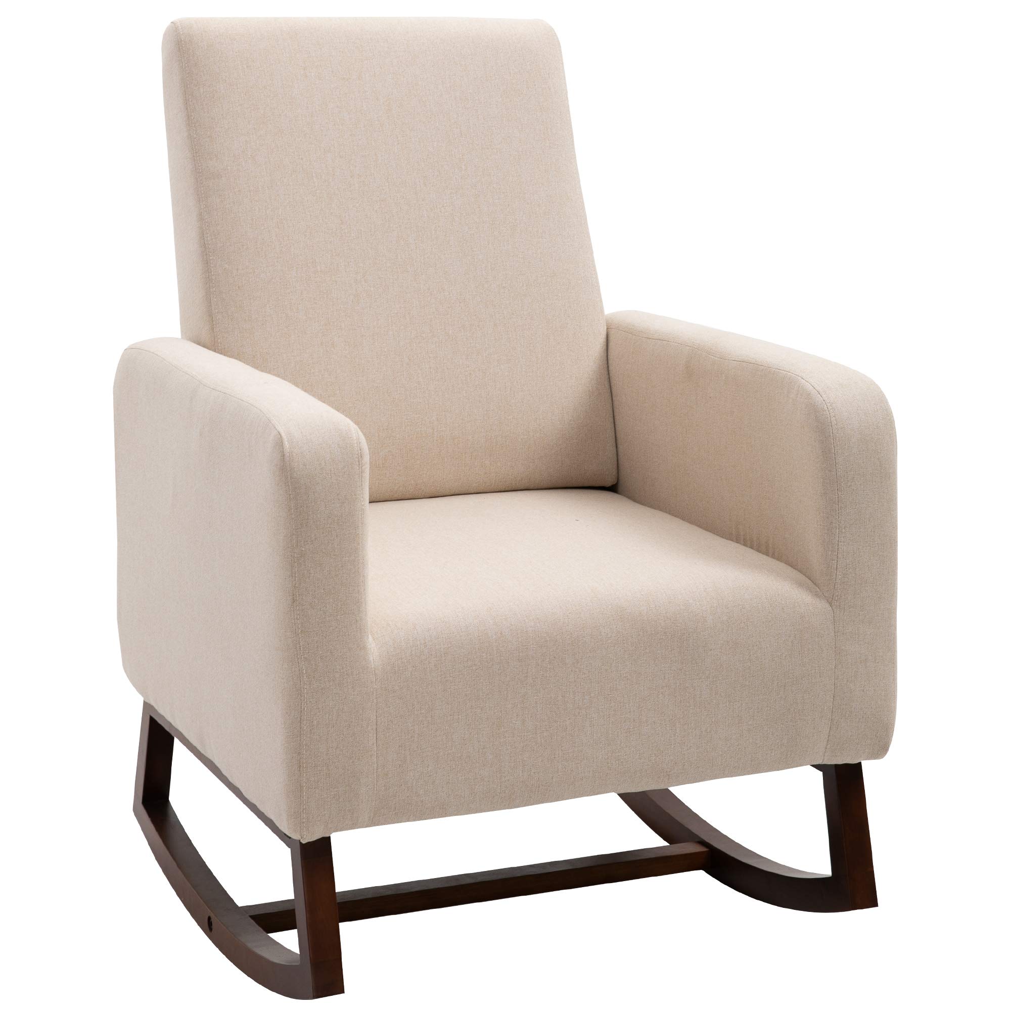 HOMCOM Accent Lounge Rocking Chair with Solid Curved Wood Base & Linen Padded Seat - Cream White - Perfect for Living Room, Nursery, or Patio Relaxation