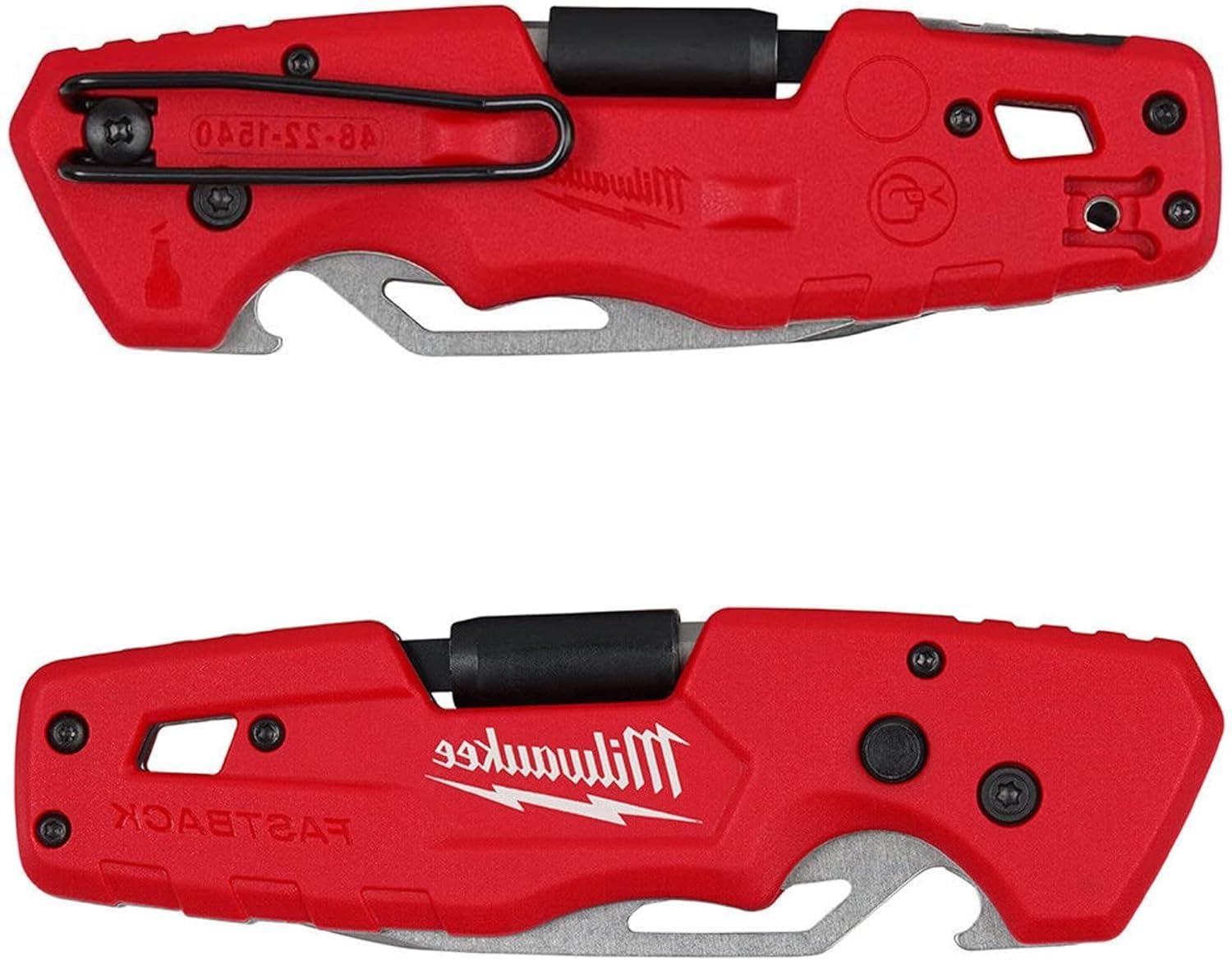 Milwaukee FASTBACK Folding Utility Knife with 5-Pack Blades - Compact Pocket Knife for Construction, DIY Projects & Outdoor Activities - Heavy Duty Red-Black Design for Carpenters, Electricians & Handymen