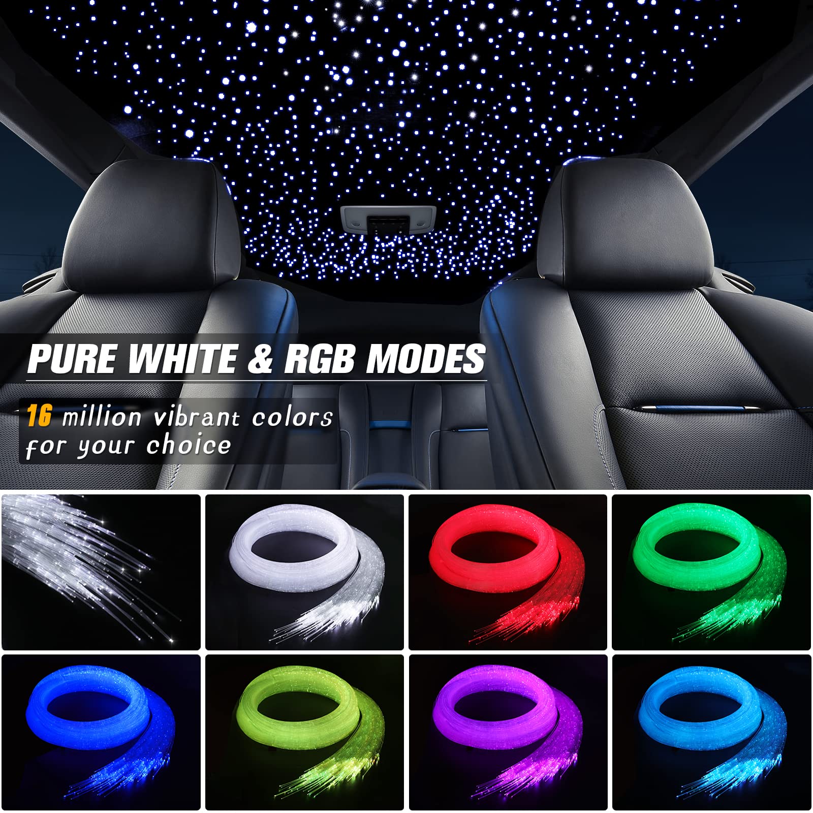 16W LED Fiber Optic Lights Kit - Bluetooth & Remote Controlled RGBW Star Ceiling Lights for Cars & Home Decor (500x0.03in Fibers, 13.1ft) - Perfect for Bedroom, Party & Romantic Ambiance