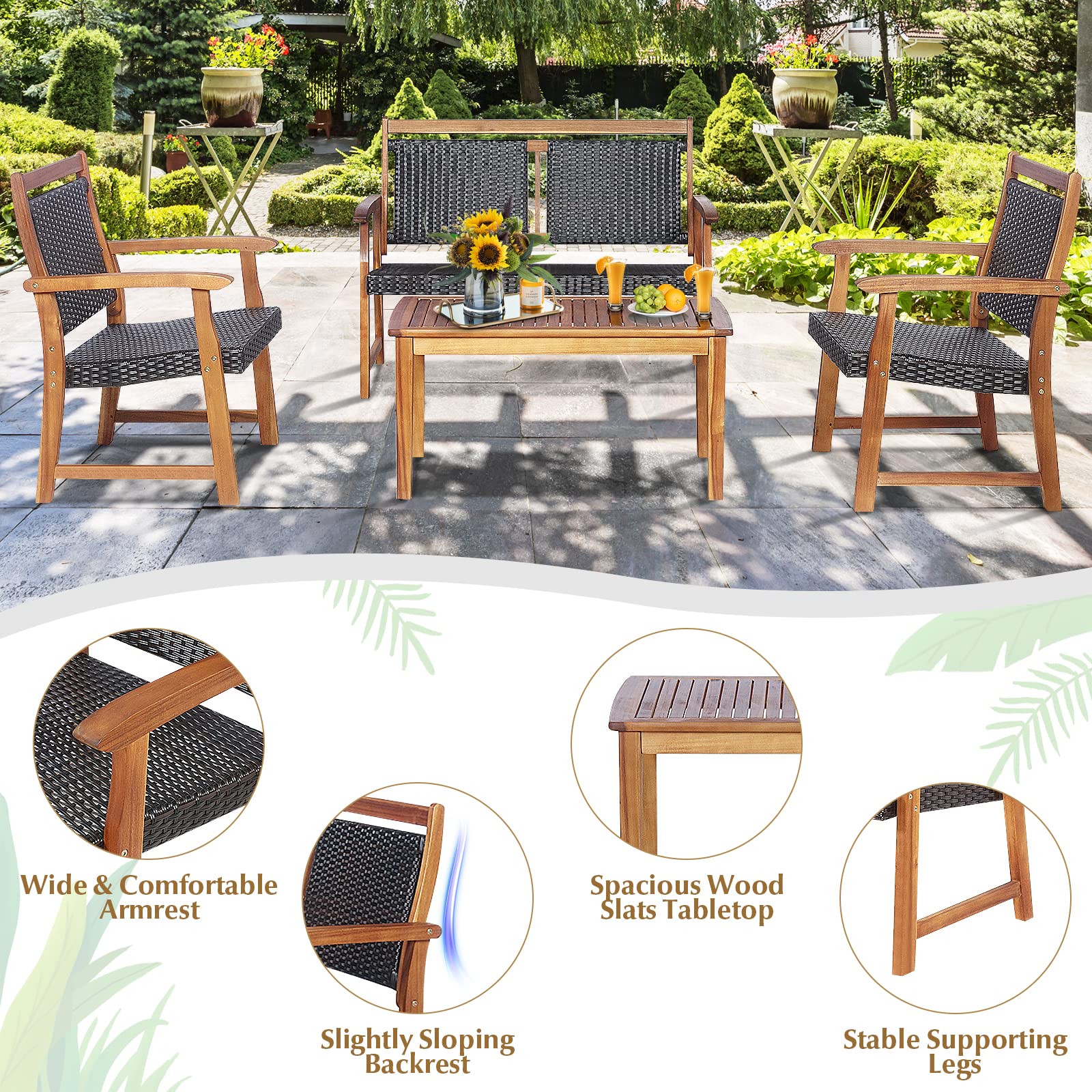 Tangkula 4-Piece Outdoor Patio Furniture Set - Rattan Wicker Conversation Set with Acacia Wood Frame, Waterproof Sectional Sofa with Chairs & Coffee Table for Garden, Backyard, Poolside, Deck or Patio - Perfect for Relaxing, Entertaining and Outdoor Gatherings