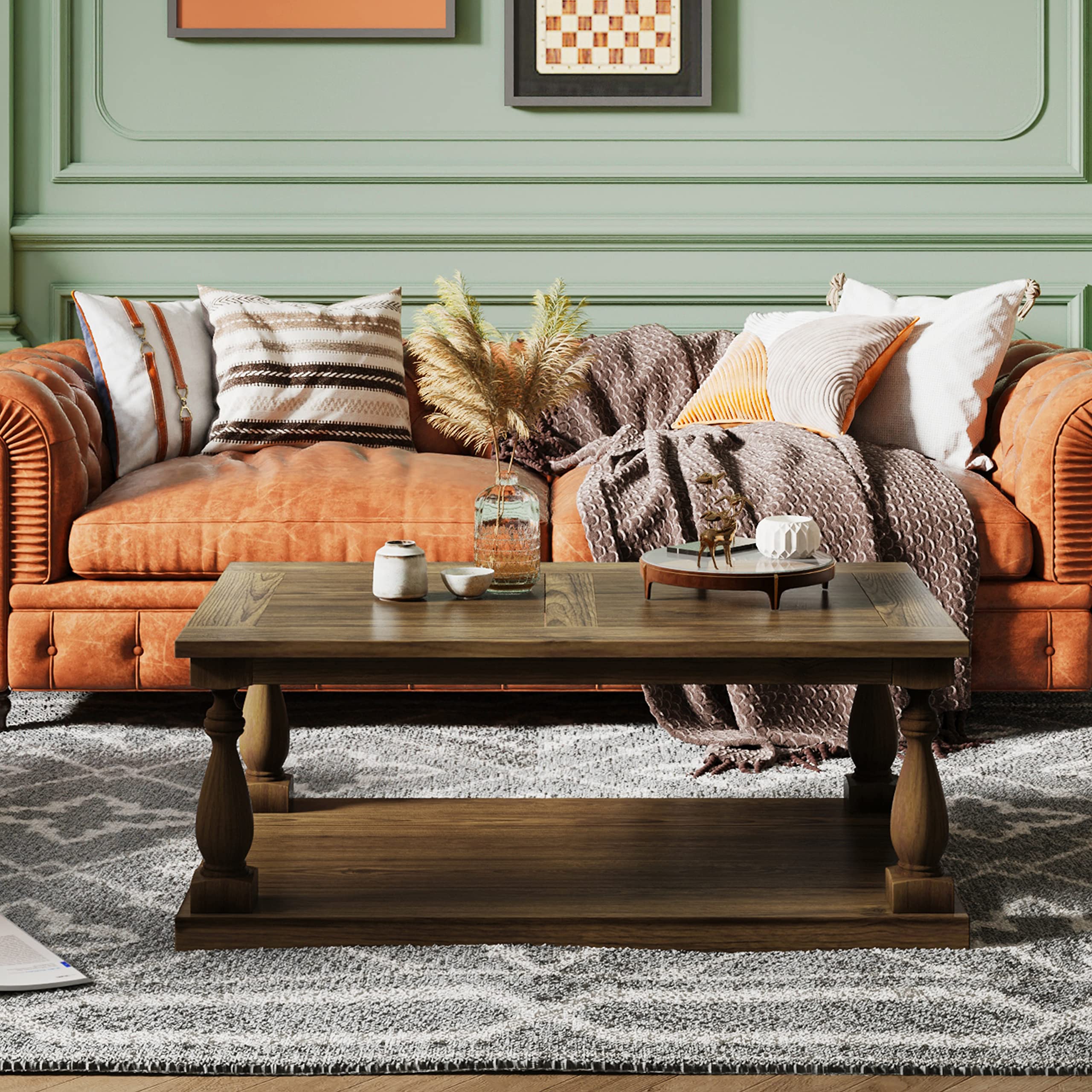Rustic Solid Pine Wood Floor Shelf Coffee Table with Storage - Perfect for Living Room, Bedroom, or Home Office Organization