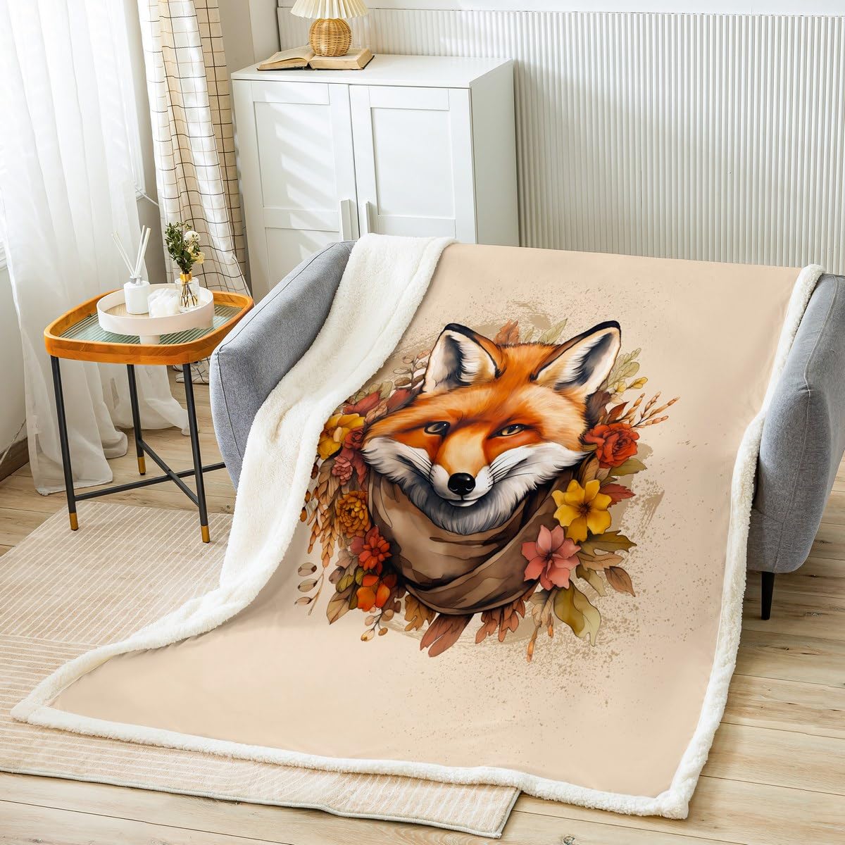 Cartoon Fox Fleece Throw Blanket - 3D Animal Print Sherpa Plush Blanket for Kids & Adults (90x90 Inch Queen Size) - Cozy Woodland Fox Design for Sofa, Bed, Couch & Winter Nights