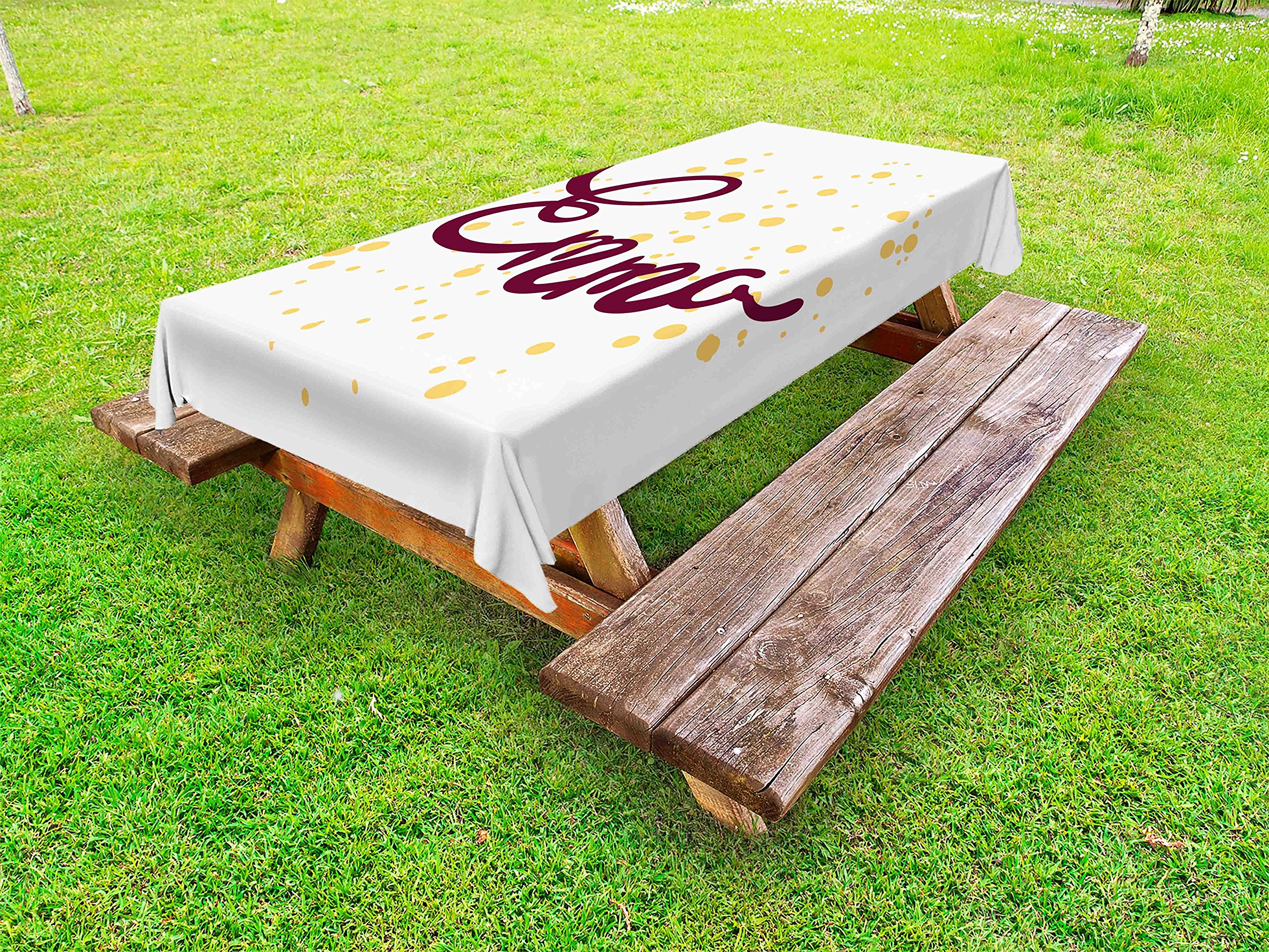 Ambesonne Emma Outdoor Tablecloth - Handwritten Letters & Swirls Design, Mustard Purple Washable Picnic Table Cover 58x120 Inches - Perfect for Garden Parties, BBQs, and Outdoor Dining Decor