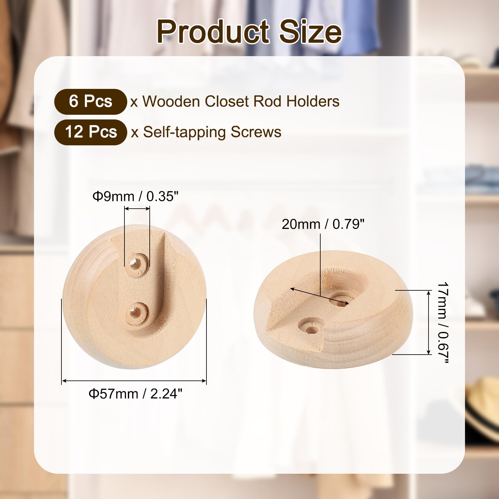 uxcell 6Pcs Wooden Closet Rod Holders - Heavy Duty Wardrobe Brackets with Screws for 20mm Closet Poles, Curtain Rod Support Sockets - Perfect for Bedroom Storage, Closet Organization & Home Decor