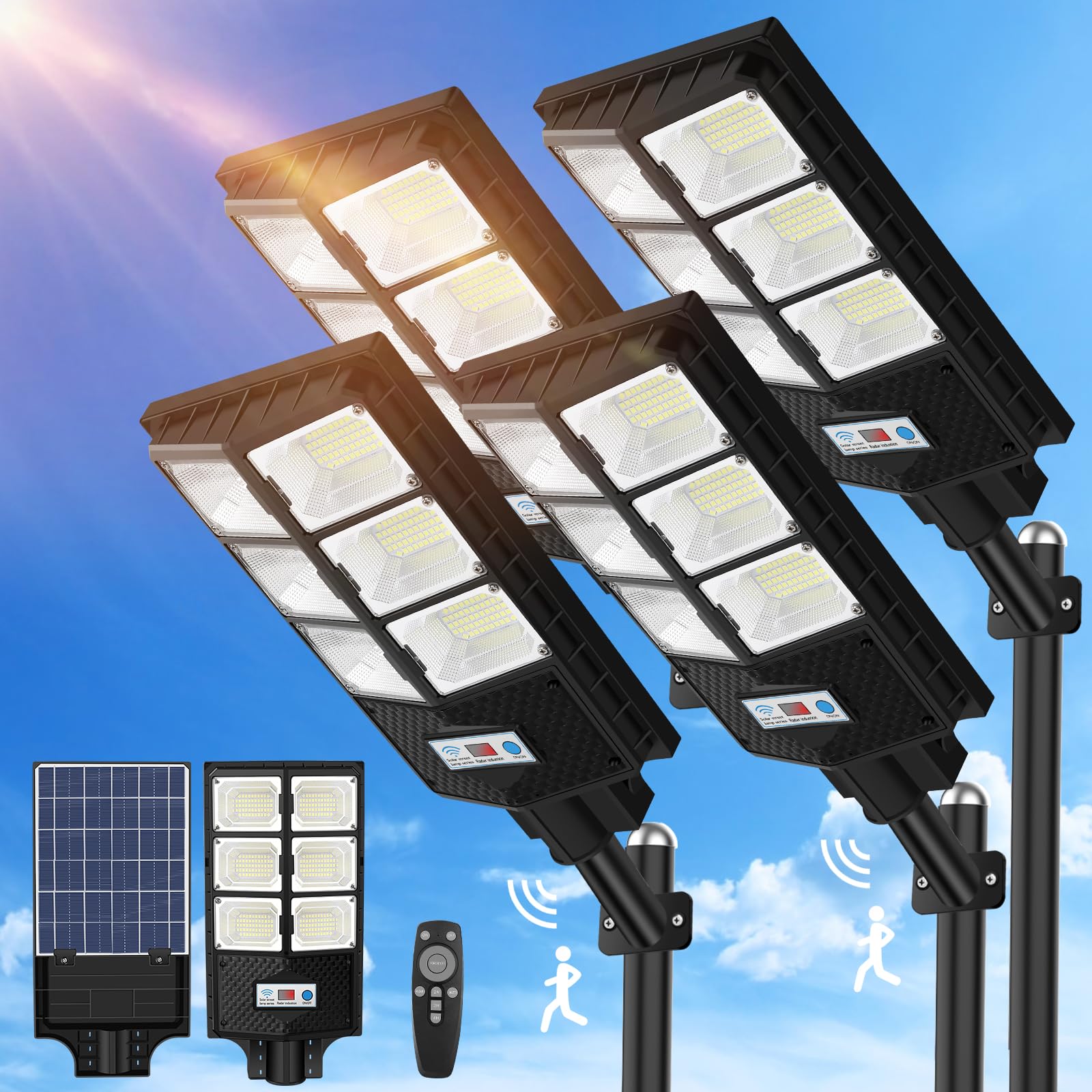 VUAA 4 Pack Solar Street Lights Outdoor Waterproof - 6500K 10000LM LED Solar Lights for Outside, Dusk to Dawn Motion Sensor Flood Lighting with Remote Control - Perfect for Parking Lots, Garages, Driveways, Gardens and Pathways