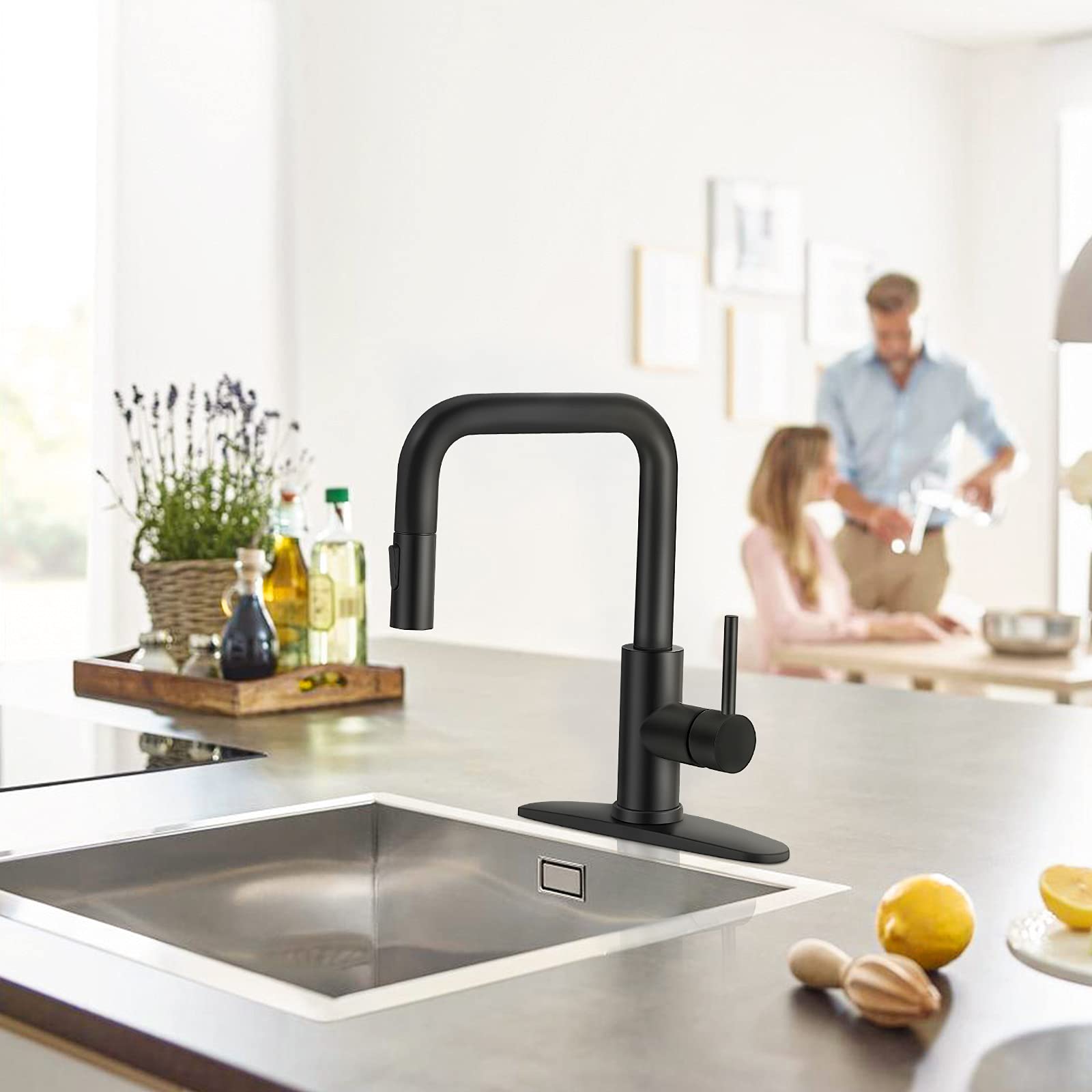 Stainless Steel Single Handle Pull Out Sprayer Kitchen Faucet - Matte Black Finish for Modern Sink & Countertop | Ideal for Cooking, Washing Dishes & Food Prep
