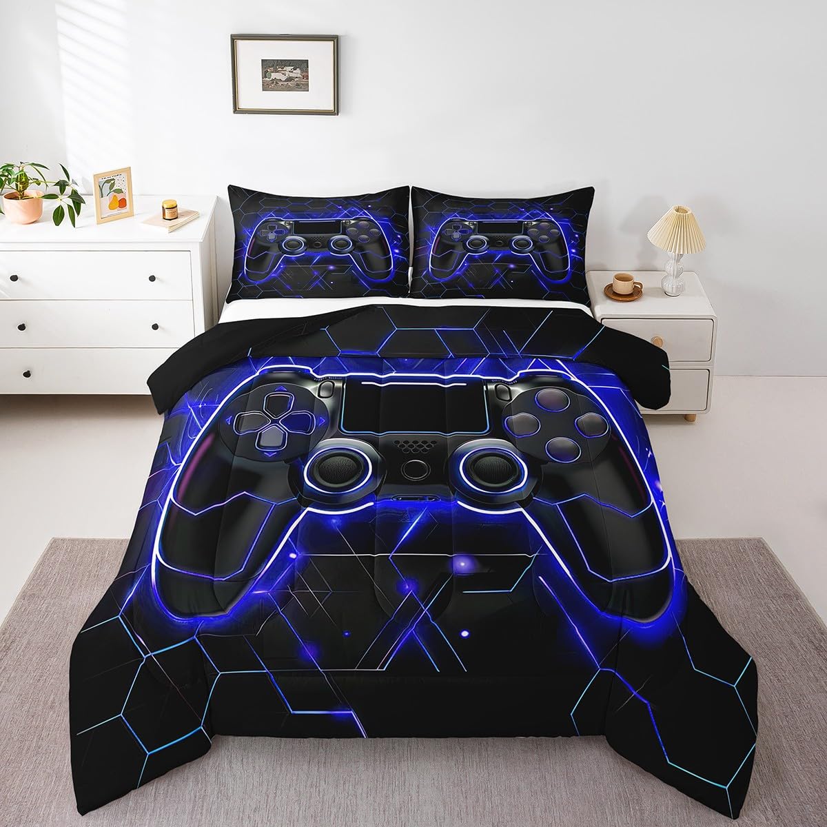 Gaming Comforter Set for Boys - Neon Lights Gamepad Bed Quilt for Teen Bedroom Decor
