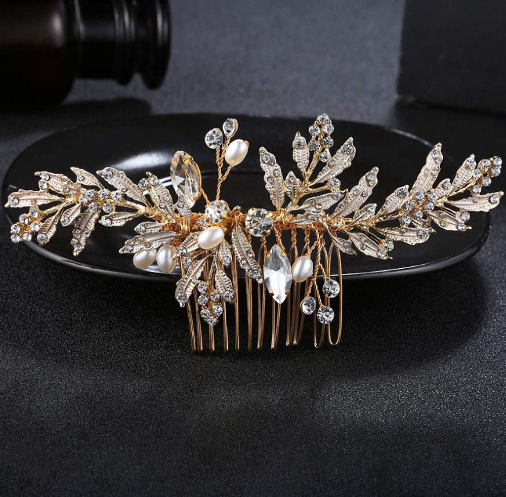 Vintage Gold Rhinestone Pearl Flower Leaf Crystal Hair Comb for Women - Elegant Bridal Wedding Headpiece Accessory | Perfect for Brides, Prom, Evening Parties, and Special Occasions