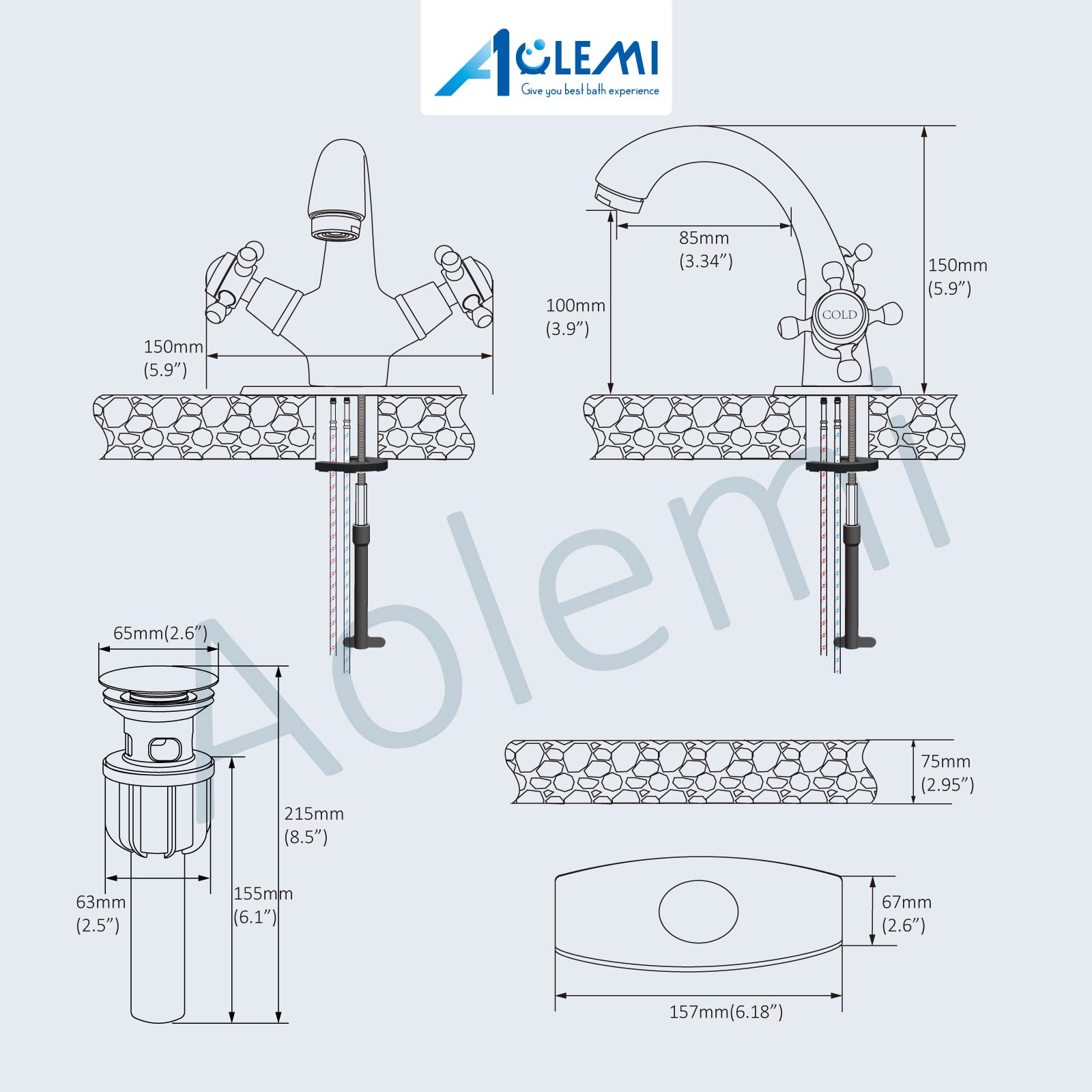 Aolemi Polished Chrome Retrofit Shower System - Matching Bathroom Vessel Sink Faucet with Double Cross Handle - Perfect for Modern & Vintage Bathroom Renovations