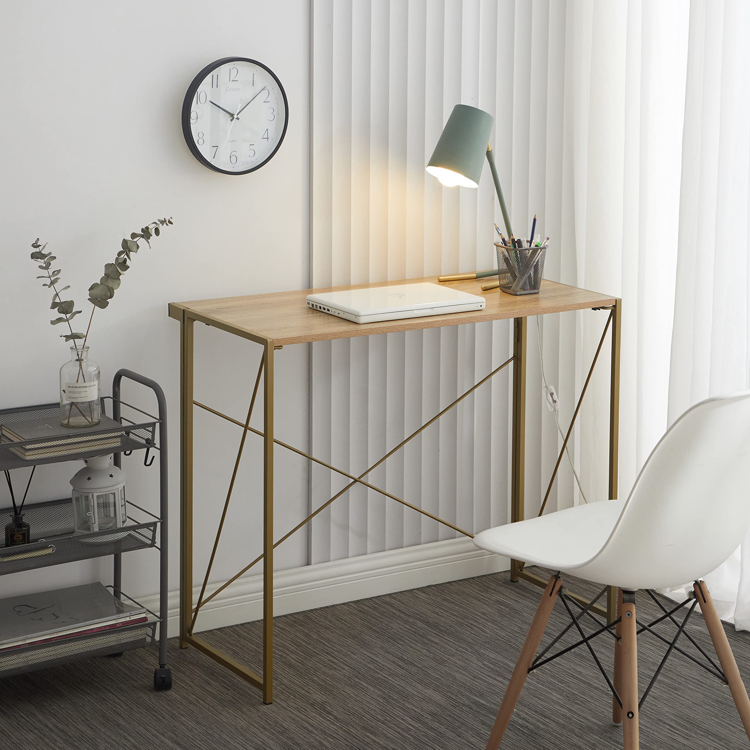 Foldable Computer Desk for Small Spaces - Urban Lifestyle Home Office Desk in Wood & Gold Finish | Perfect for Apartments, Dorms & Workspaces